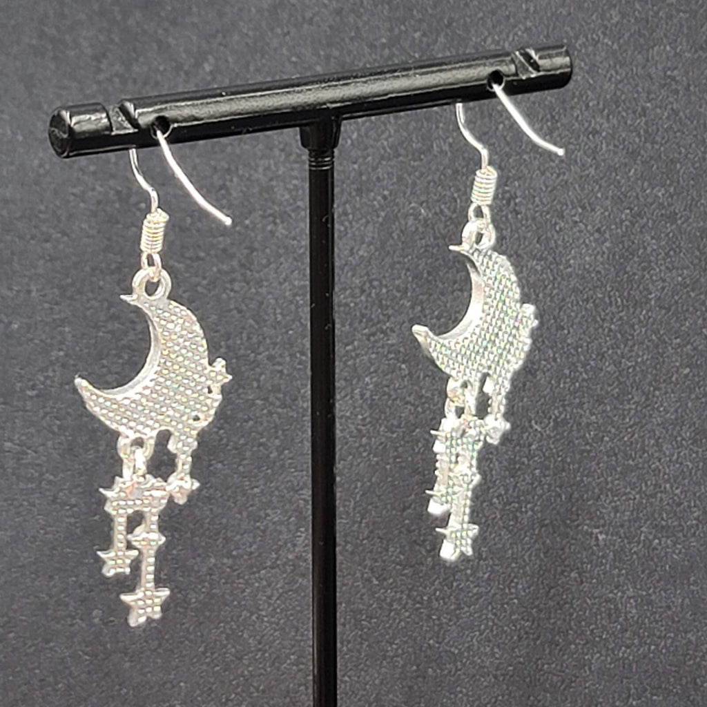 Moon Pierced Earrings Silver tone Crystal Rhinestone Dangle 1.5"