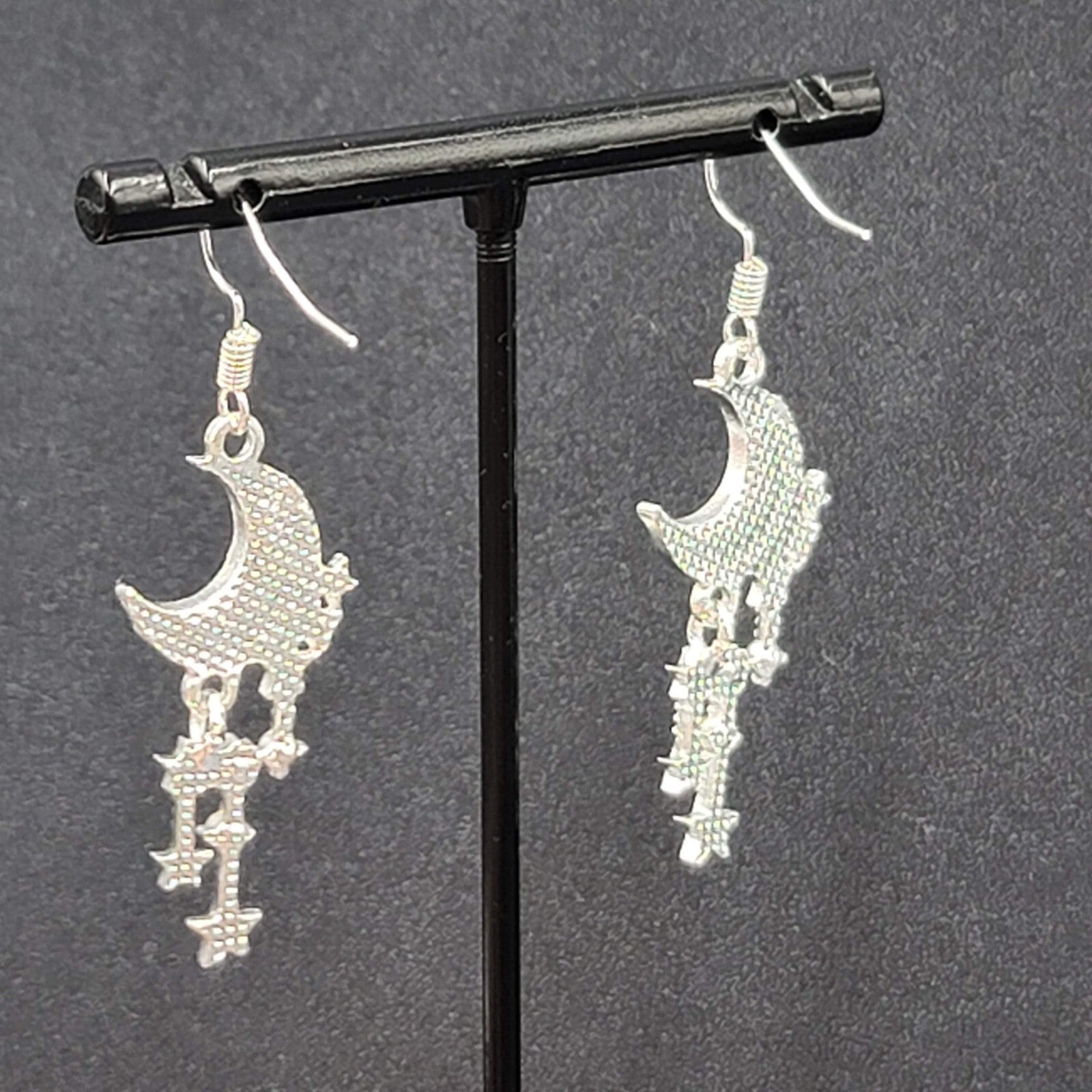 Moon Pierced Earrings Silver tone Crystal Rhinestone Dangle 1.5"
