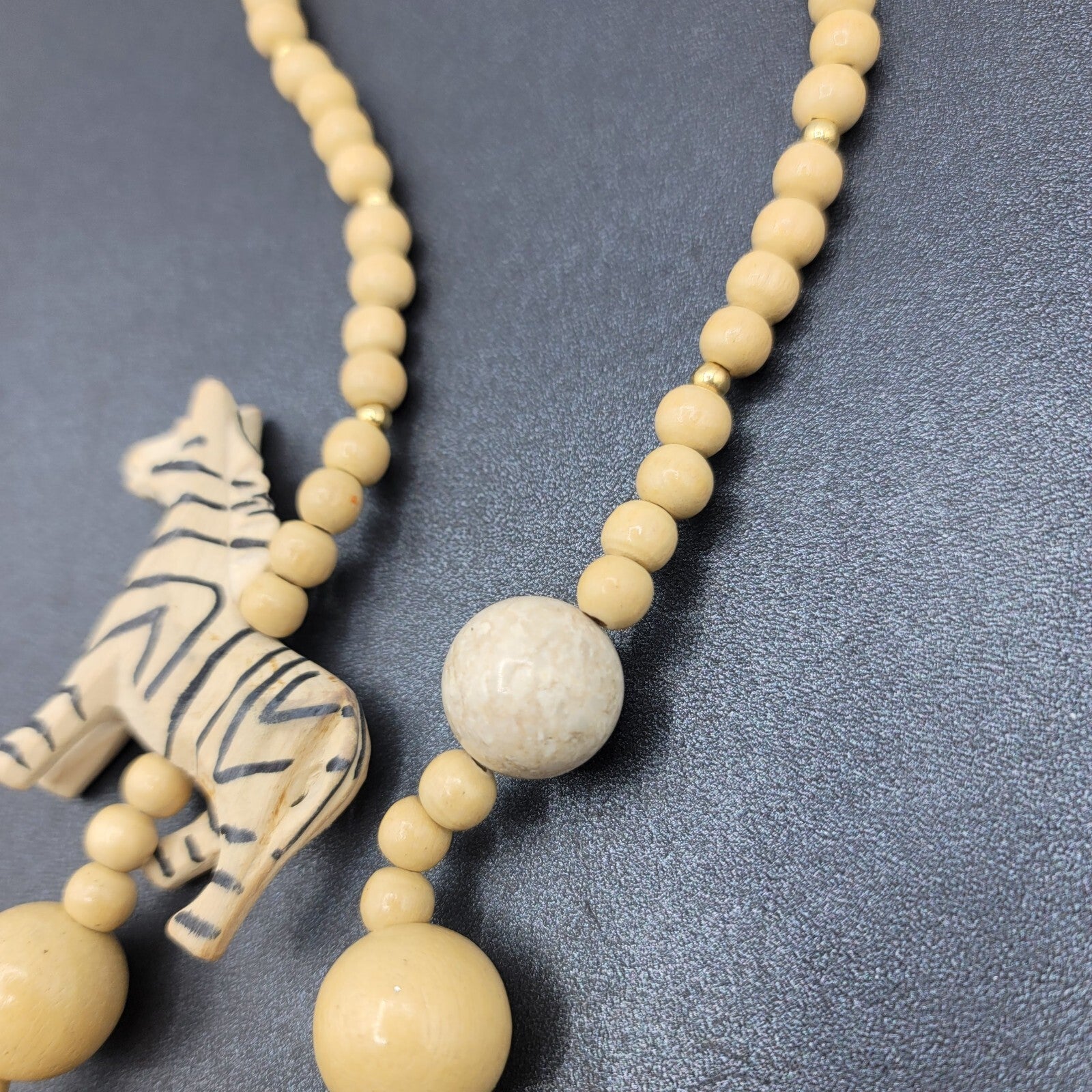 Vintage Safari African Zebra Carved Wood Beaded Necklace 24"