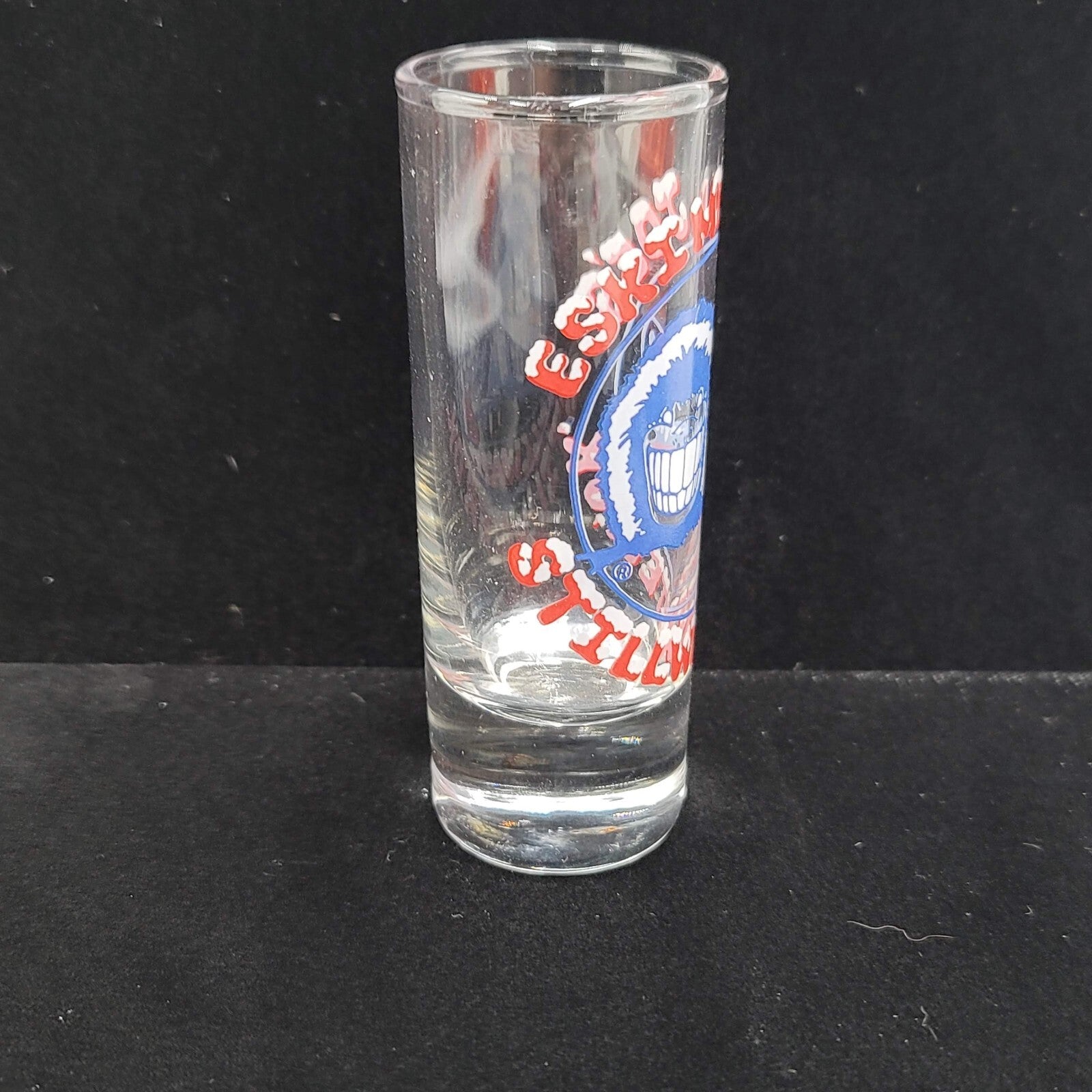 Vintage Eskimo Joes Stillwater OK 4 in  shooter shot glass- logo on clear