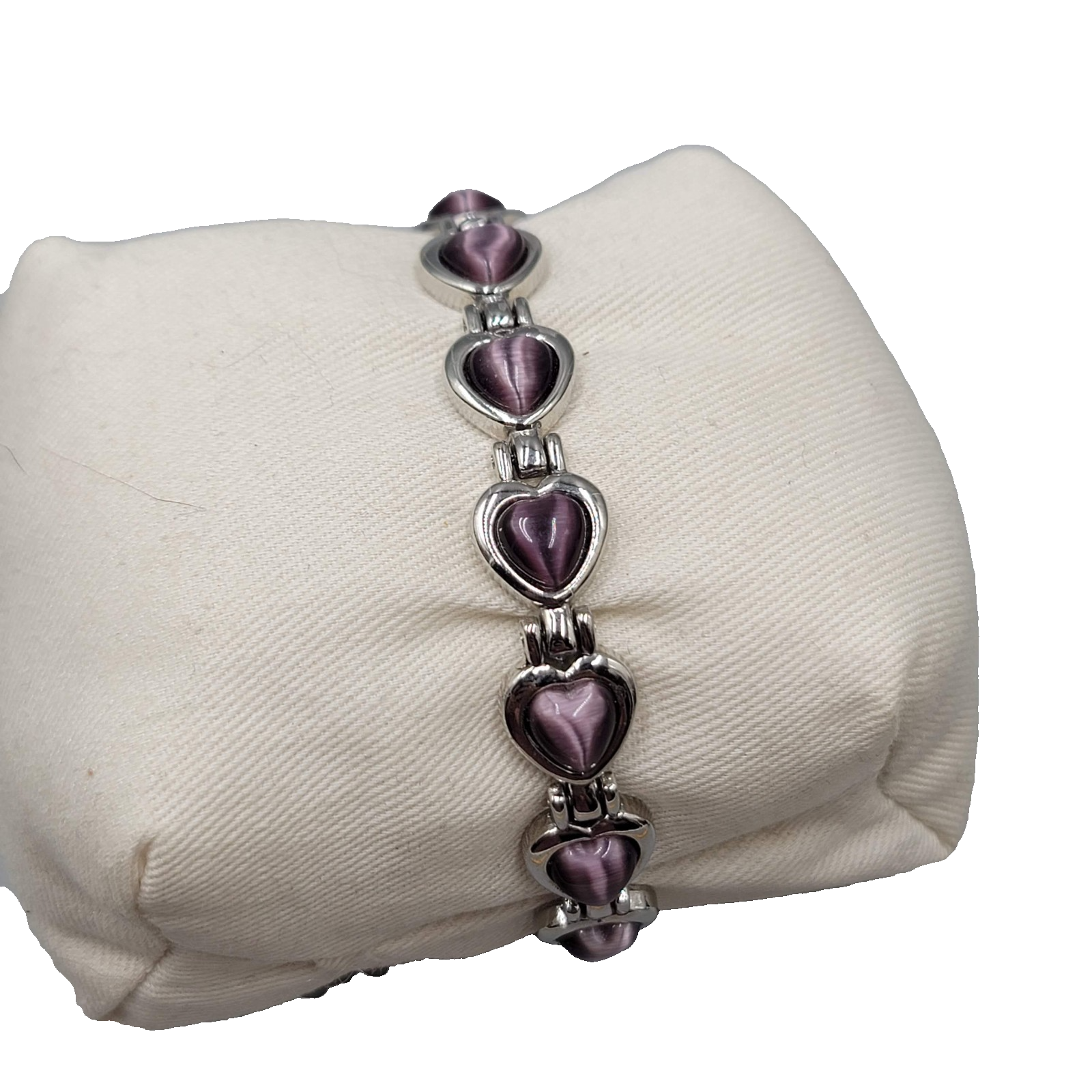 Purple Cats Eye Heart Bracelet Silver tone 7.25 in