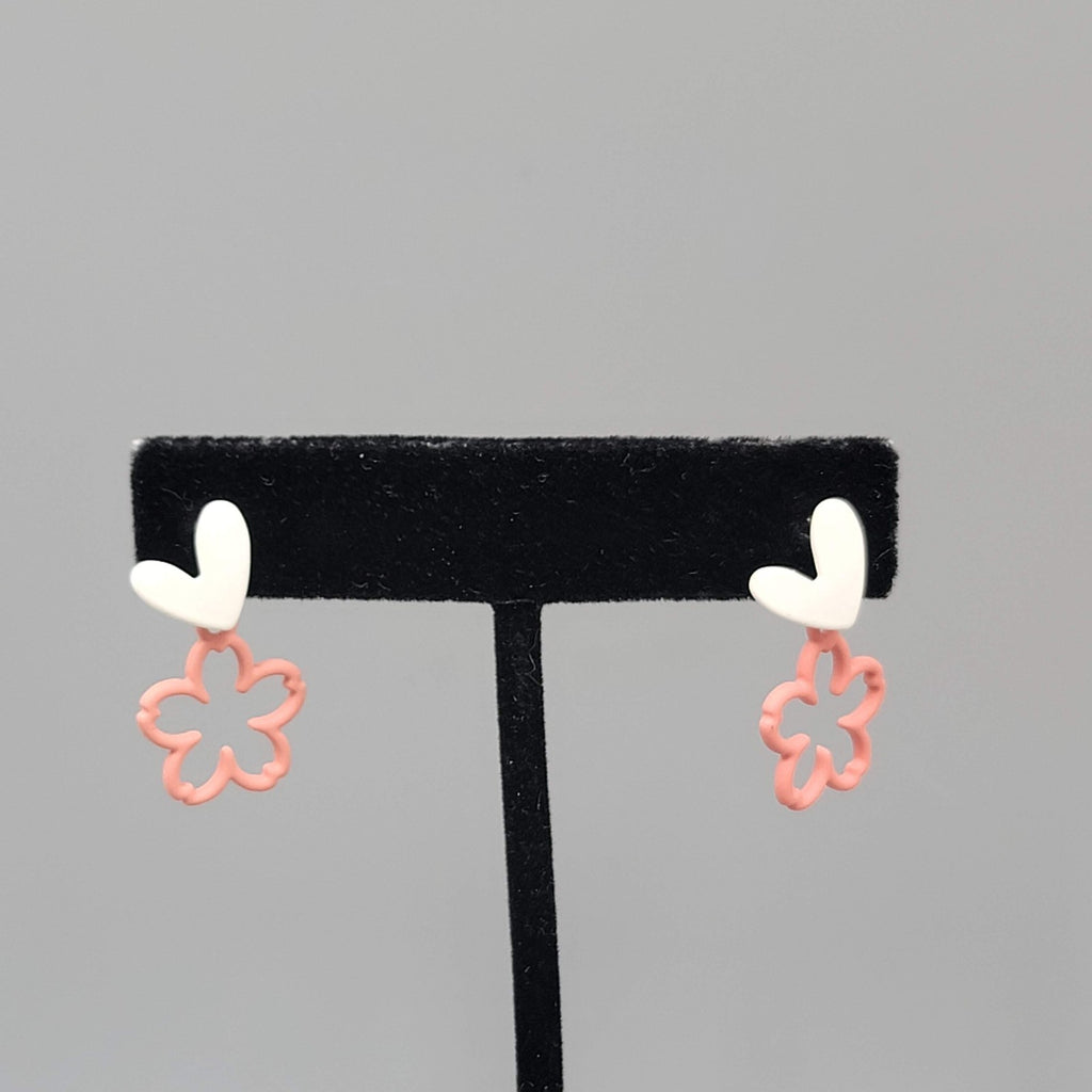 White Heart Pink Flowers Pierced Earrings Matte Enamel Dangle 1 in