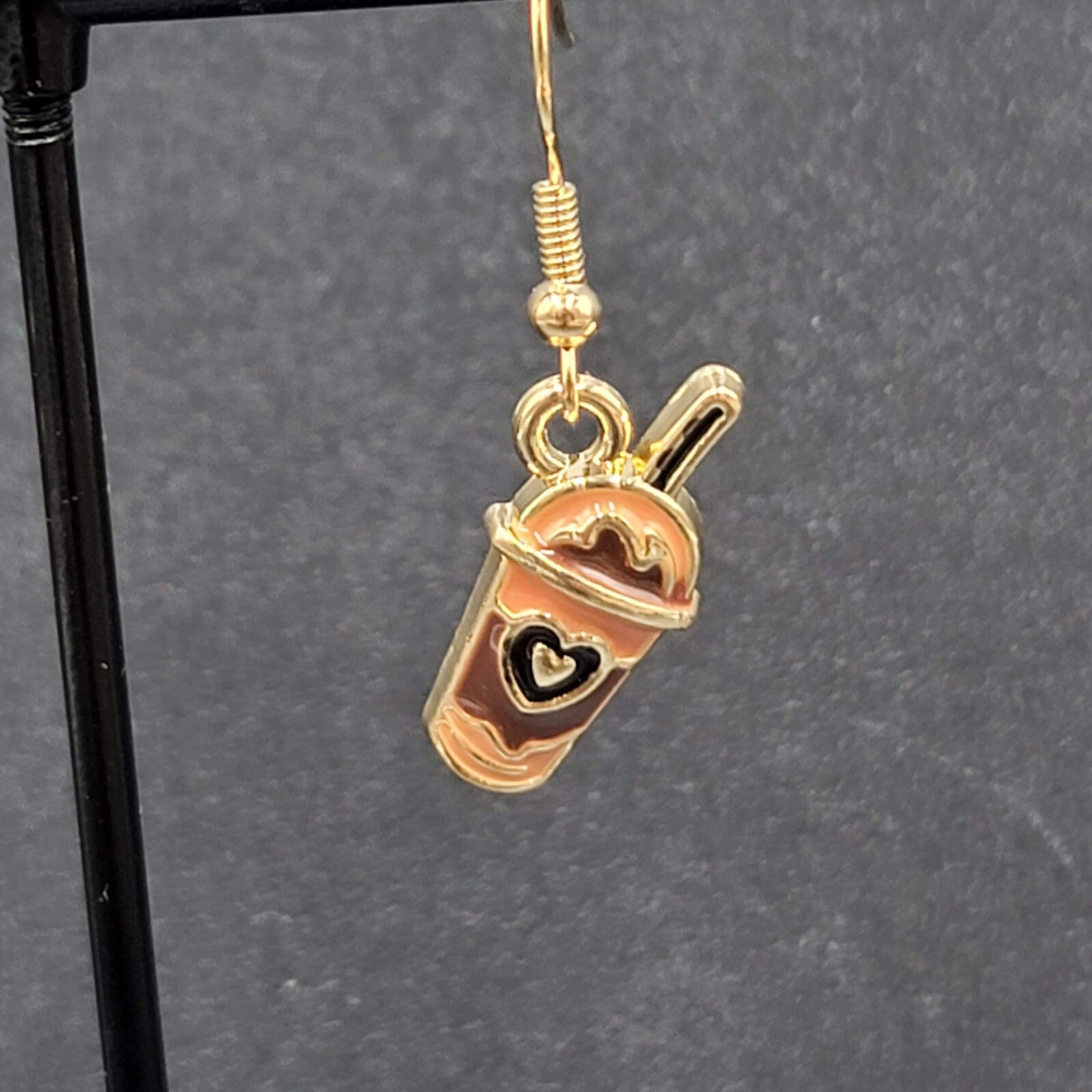 Smoothie Pierced Earrings Shake Coffee Gold tone Dangle Enamel 3/4"