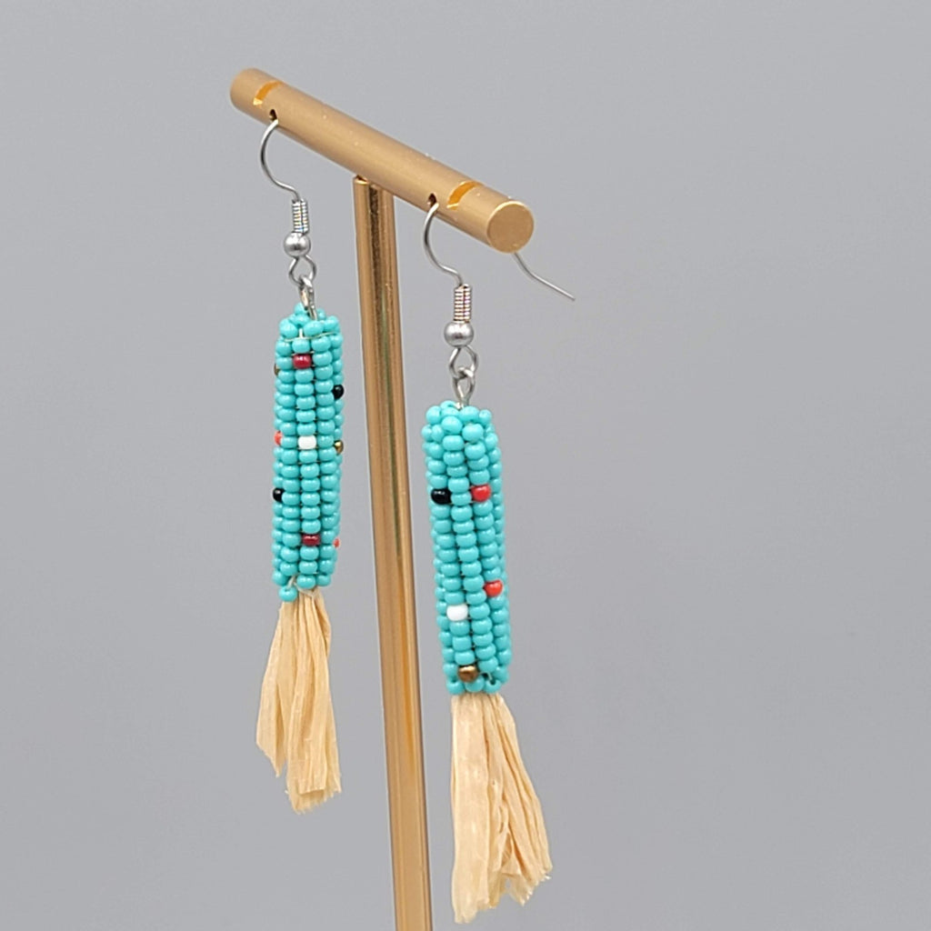 Blue Seed Bead Corn Maize Pierced Earrings Silver tone Dangle Southwest 2.25 in