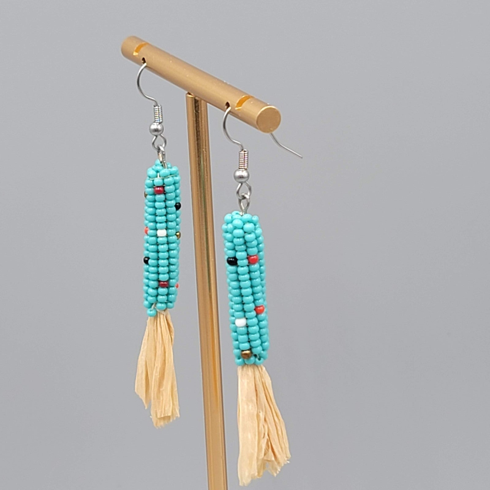 Blue Seed Bead Corn Maize Pierced Earrings Silver tone Dangle Southwest 2.25 in