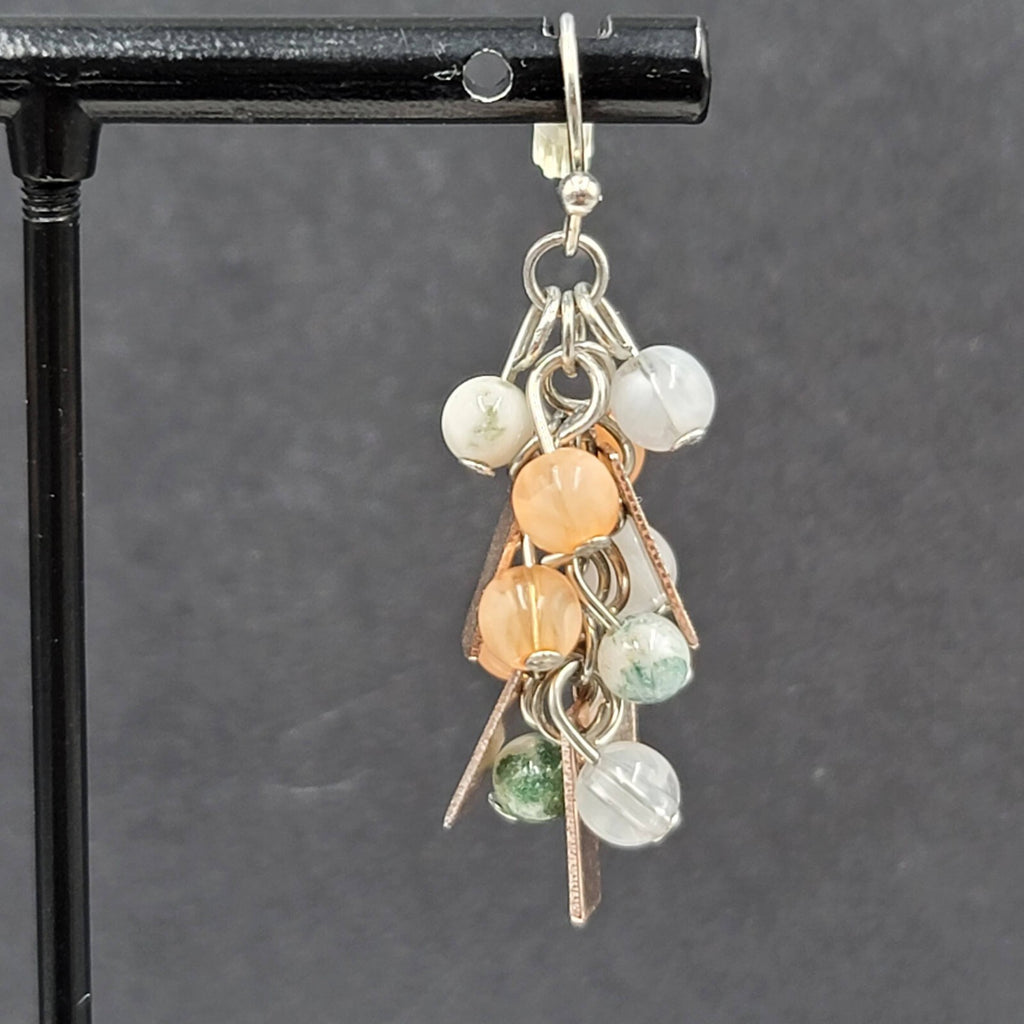 Pierced Earrings Silver tone Peach Gray Green Dangle Beads 1.25"