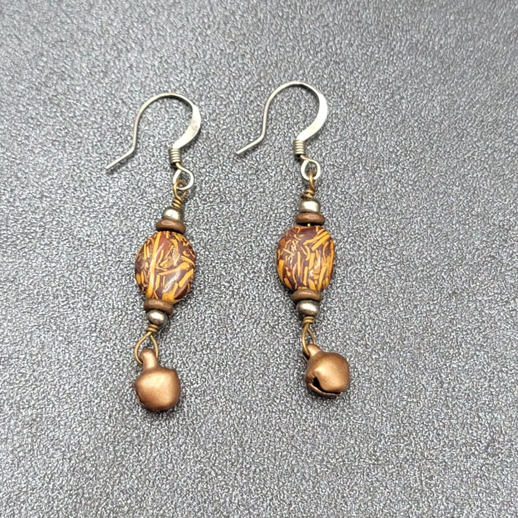 Pierced Earrings Brown Bead Copper Bell Dangle 1.25"