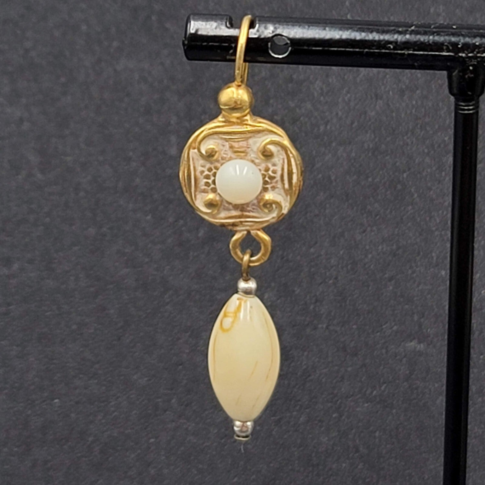 Pierced Earrings Brushed Gold Plated White Bead Dangle 1.5"