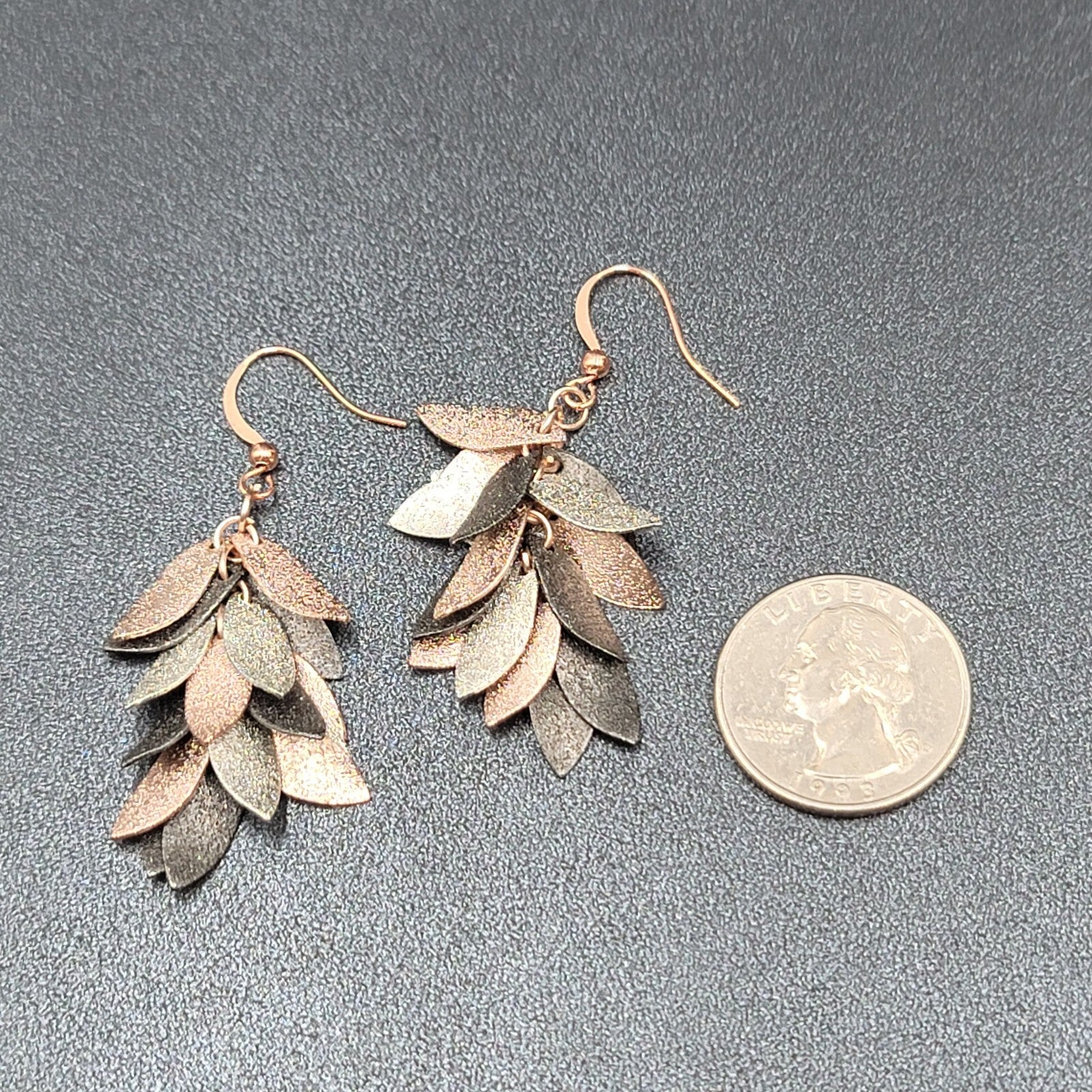 Pierced Earrings Tricolor Gunmetal Silver Rose Gold Dangle Leaves 1 5/8"