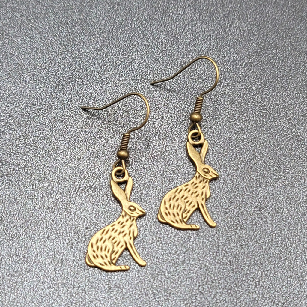 New BUNNY RABBIT Pierced Earrings Bronze tone Dangle Embossed 1"