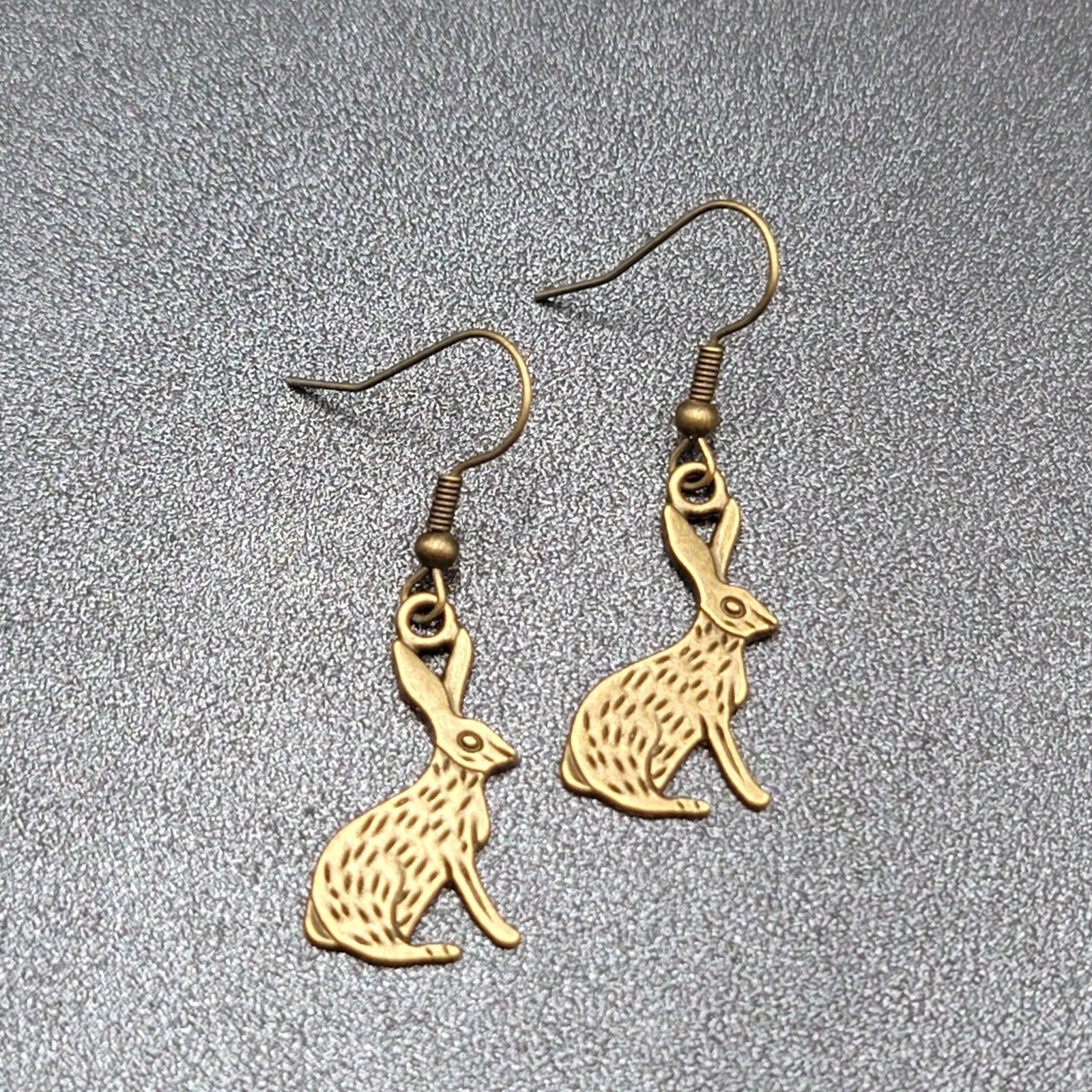 New BUNNY RABBIT Pierced Earrings Bronze tone Dangle Embossed 1"
