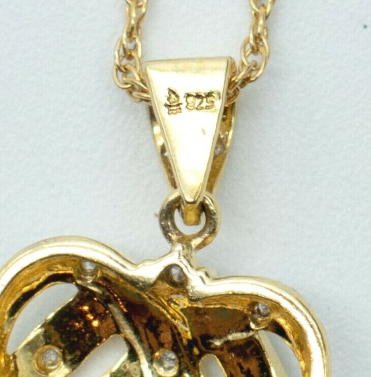 Gold Plated Sterling Silver Heart Pendant Diamond Chips Necklace Valentines 18"