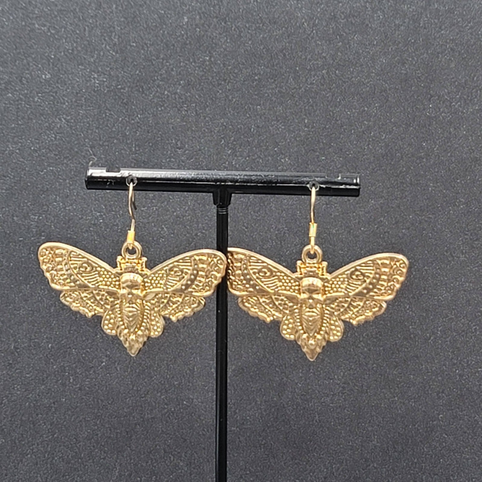 Death Head Moth Pierced Earrings Gold tone Dangle 1" x 1 5/8" 