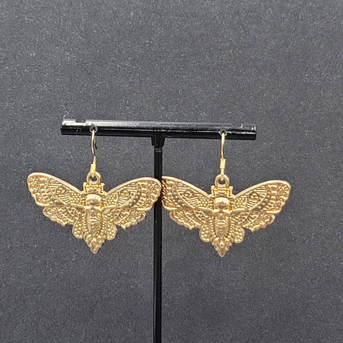 Death Head Moth Pierced Earrings Gold tone Dangle 1" x 1 5/8" 