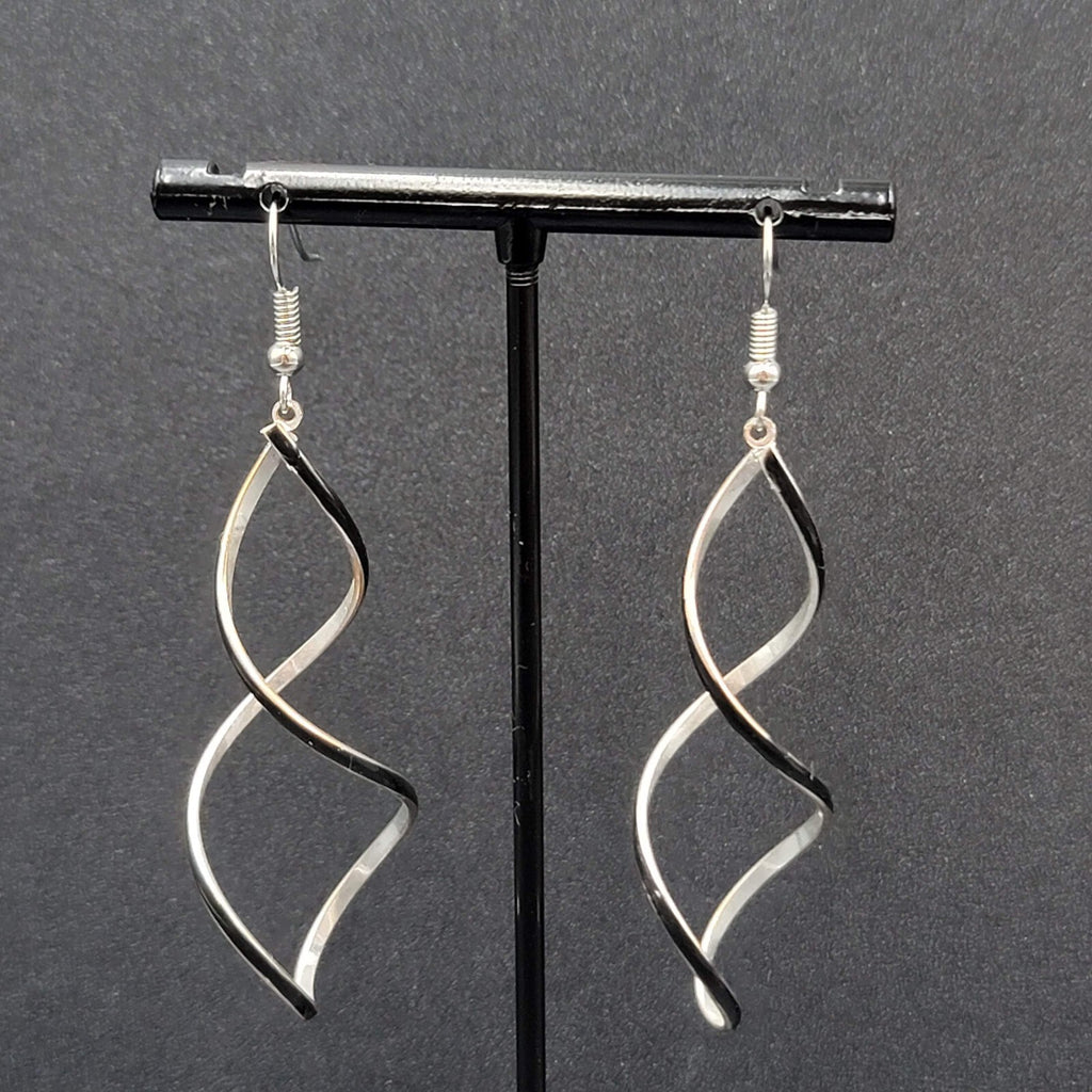 Pierced Earrings Silver tone Twist Black Enamel Long Dangle 2.25"