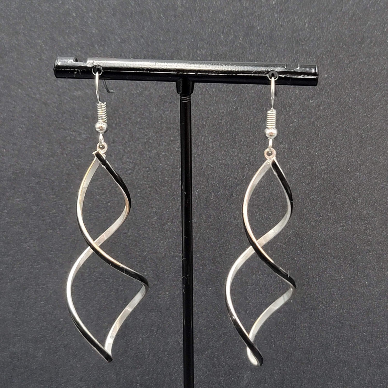 Pierced Earrings Silver tone Twist Black Enamel Long Dangle 2.25"