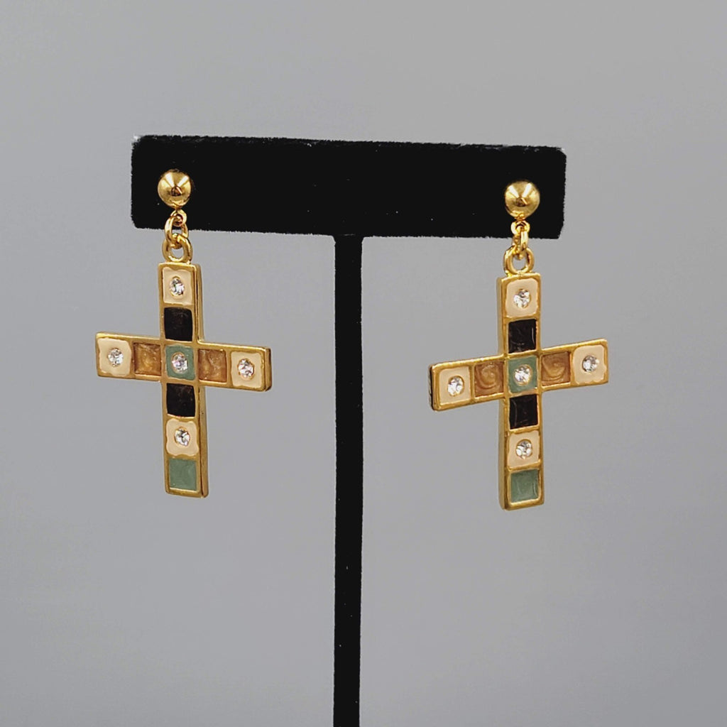 Cross Pierced Earrings Gold Plated Enamel Rhinestone Crystal Dangle 1.75"