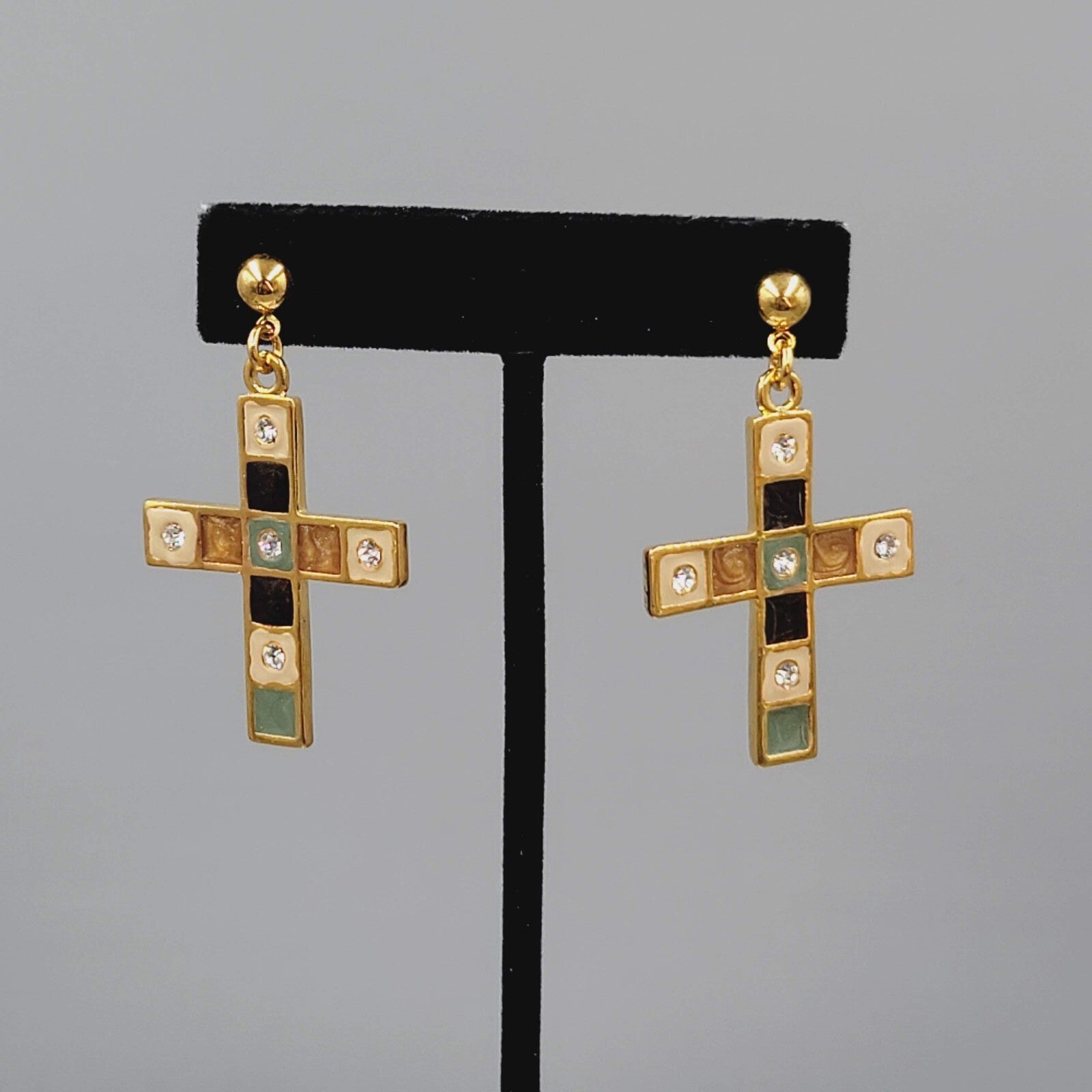 Cross Pierced Earrings Gold Plated Enamel Rhinestone Crystal Dangle 1.75"