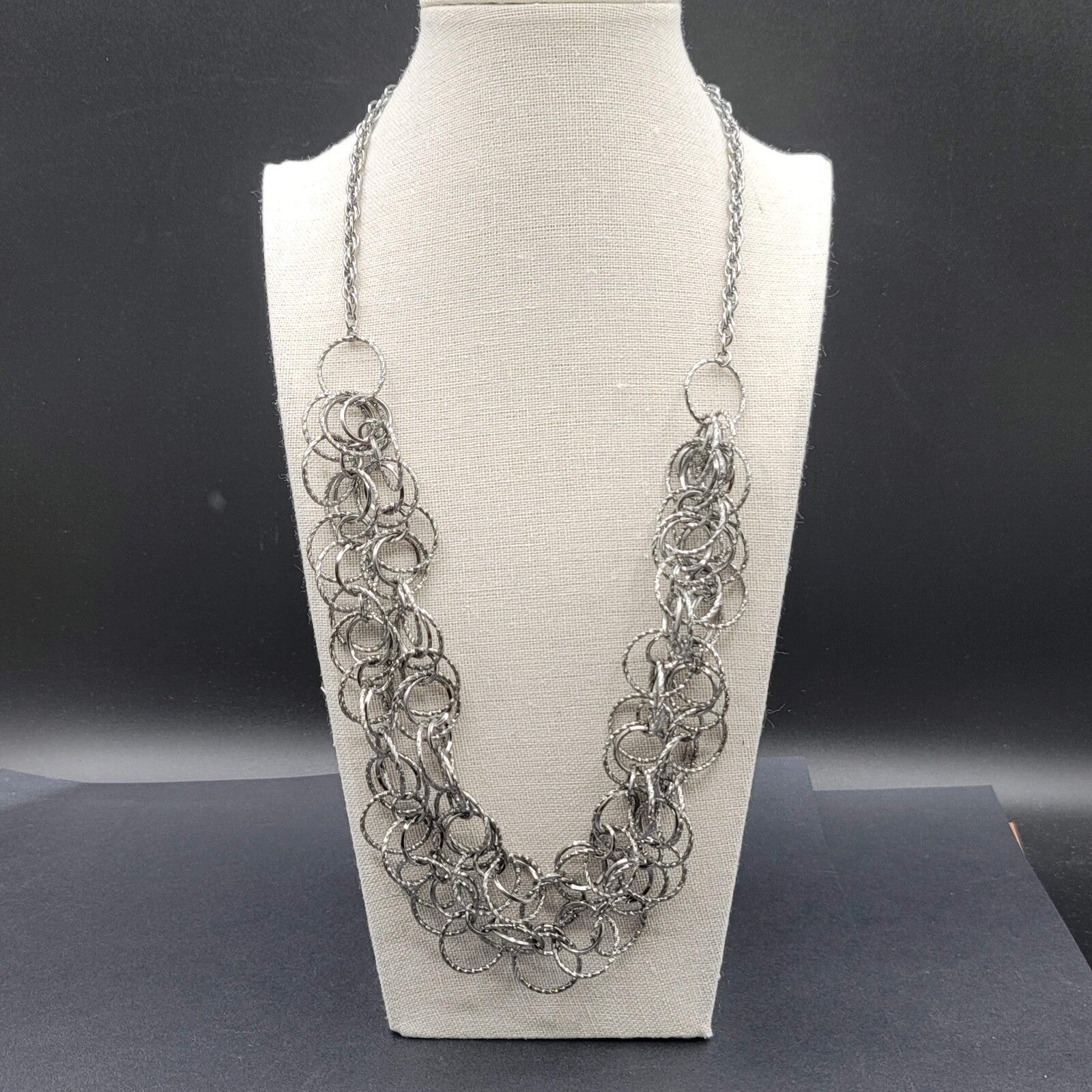 Silver tone Necklace Double Strand Circle Links 24" - 27" Adj