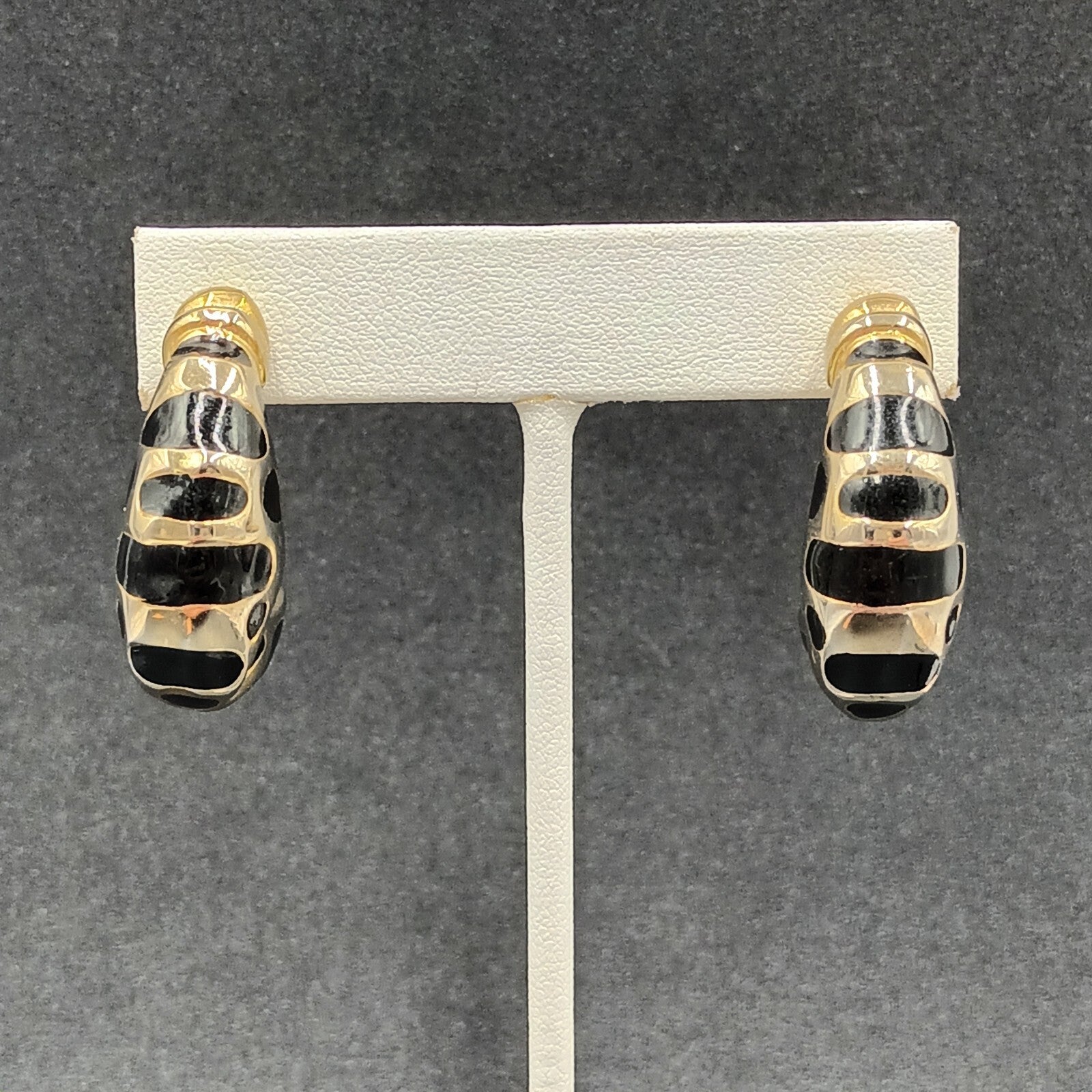 Pierced Earrings Gold tone Black Enamel Oblong Half Hoop Heavy Drop 1 1/4"