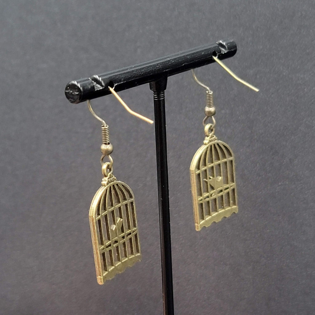 New Bird in the Cage Pierced Earrings Bronze tone Dangle 1"