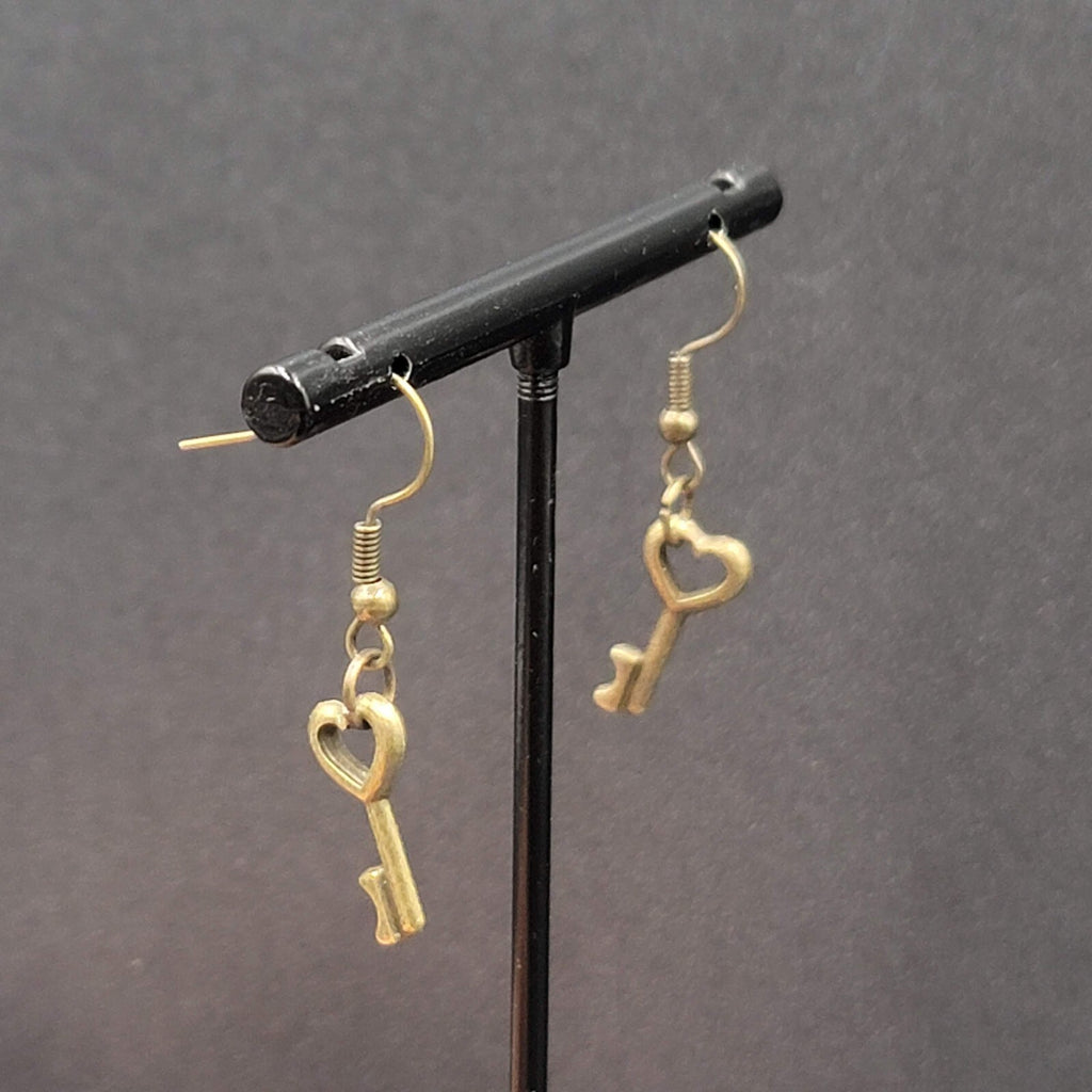 New Pierced Earrings Bronze tone Heart Skeleton Key Dangle 5/8"