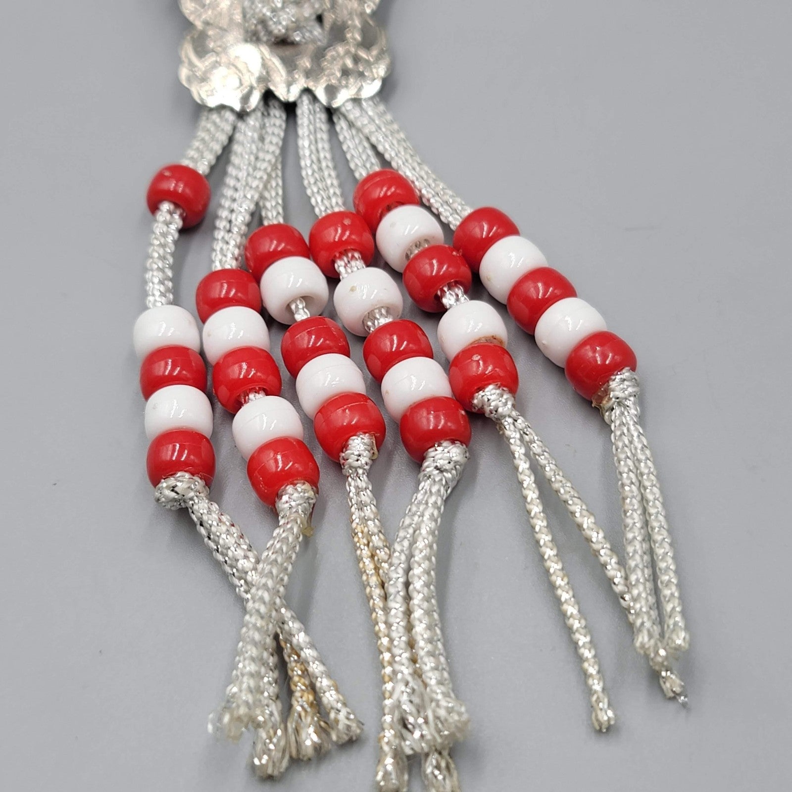 Vintage Braided Beaded Necklace Silver Cord Tassel 28" Statement Jewelry Retro