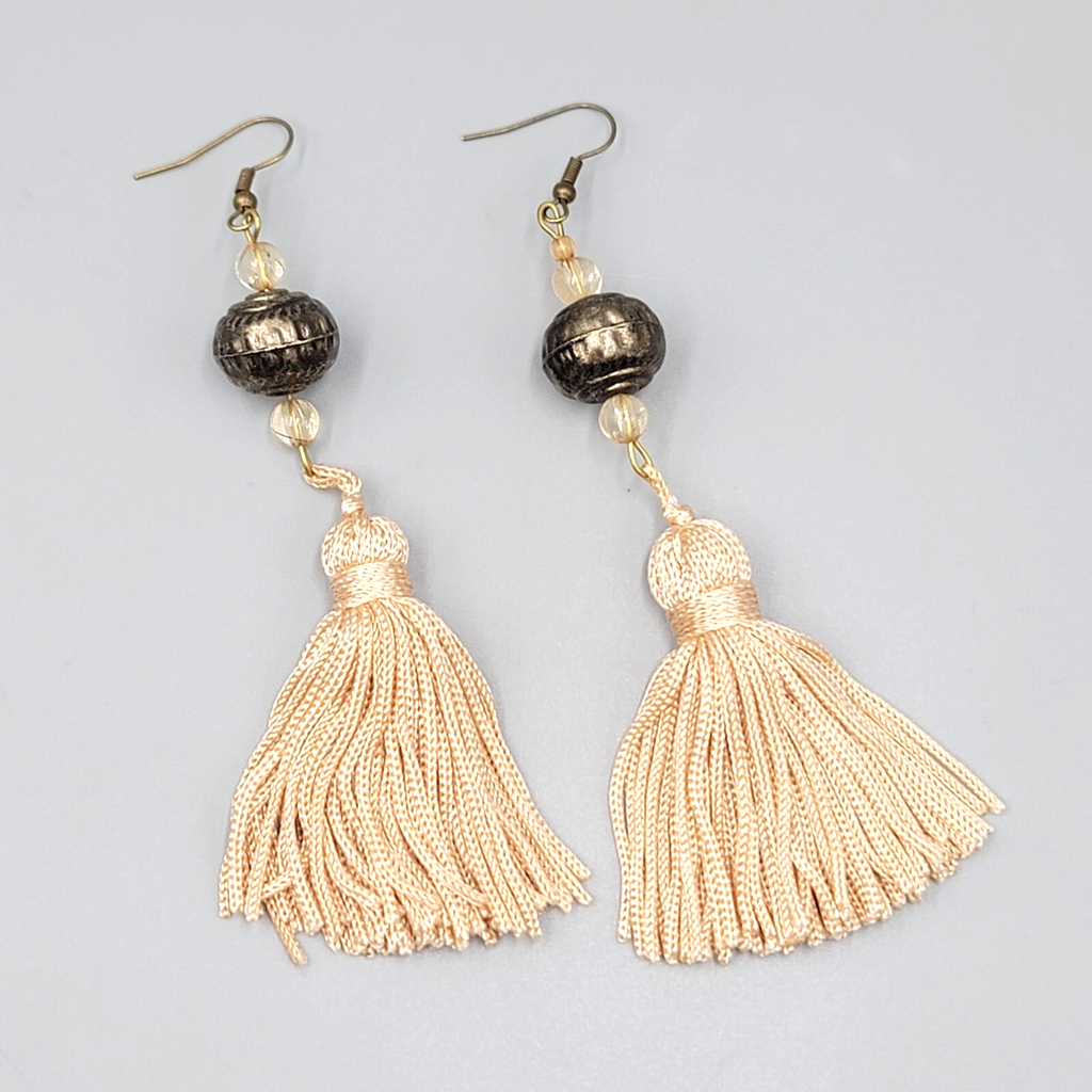 LONG Tassel Pierced Earrings Bronze tone Metal Beads Dangle 3.5"