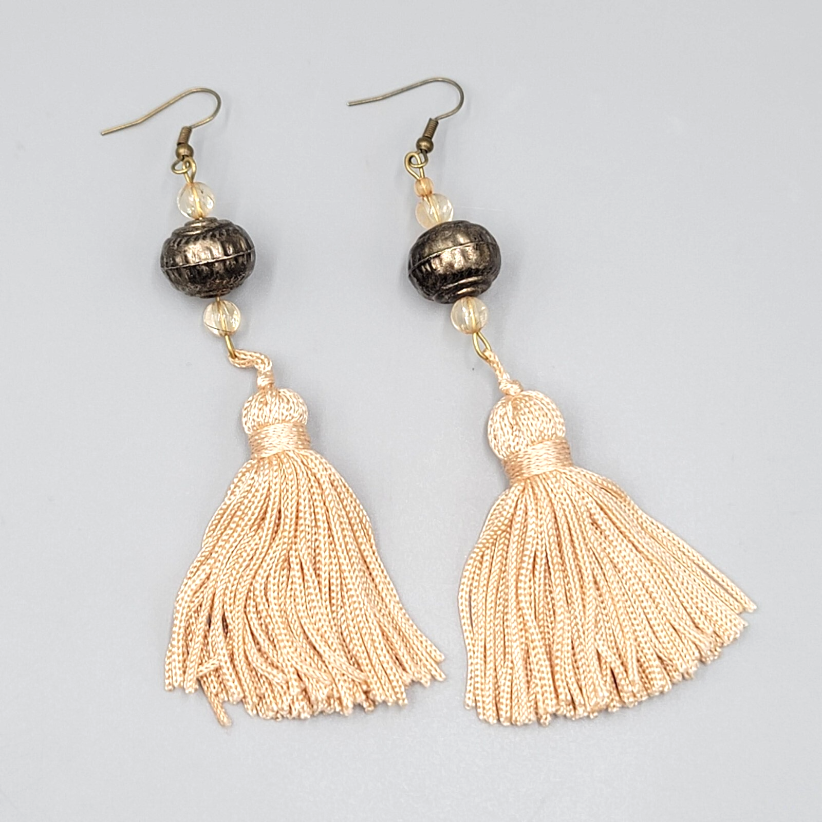 LONG Tassel Pierced Earrings Bronze tone Metal Beads Dangle 3.5"