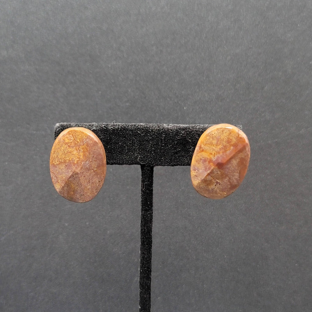 Vintage Pierced Earrings Brown Stone Oval Drop 1"