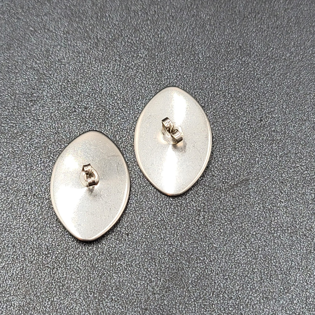 Vintage Pierced Earrings Cream Blue Swirl Enamel Drop 1 1/8"