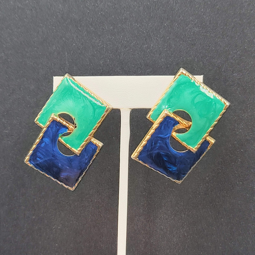 Vintage Pierced Earrings Gold tone Blue Teal Enamel Double Square Drop 2"