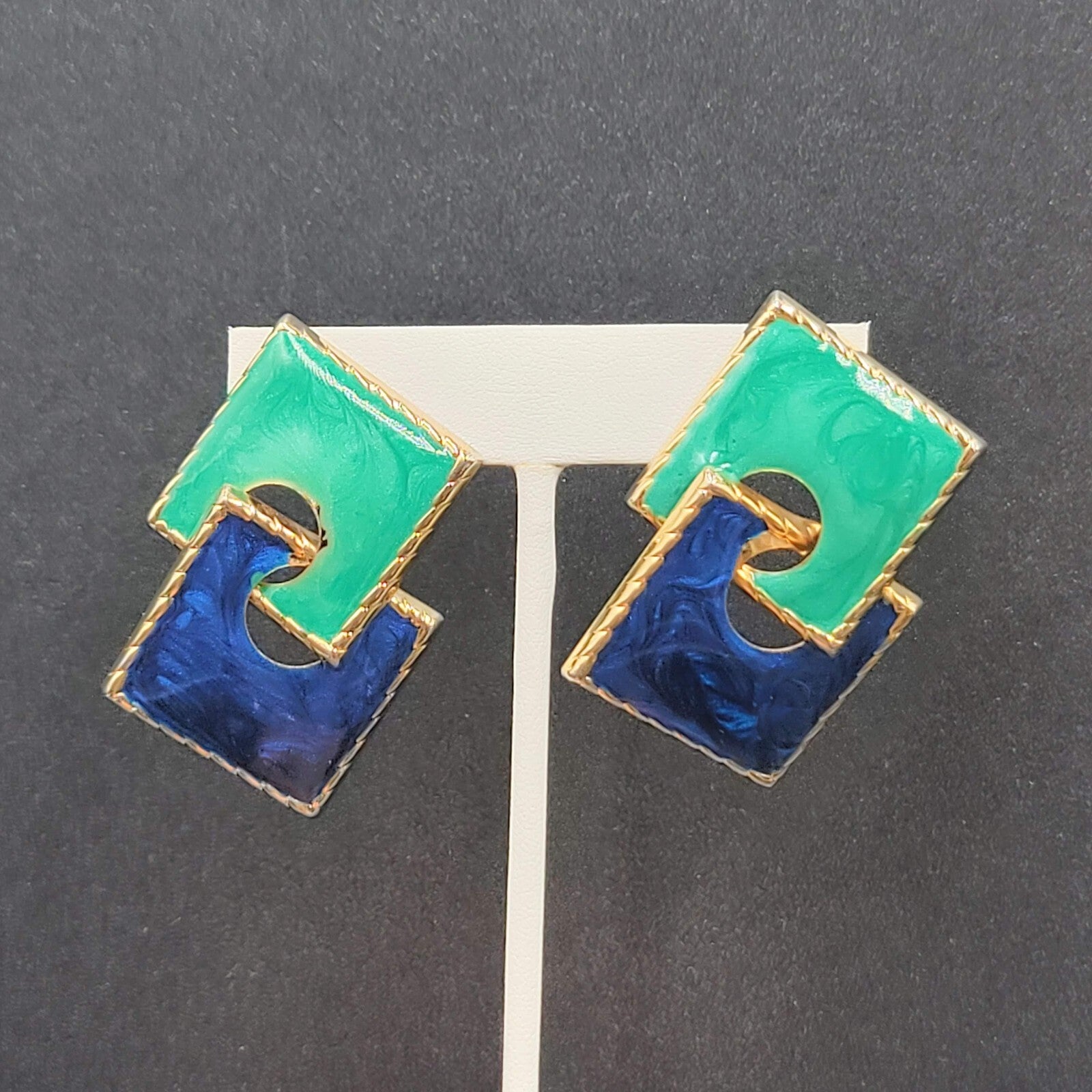 Vintage Pierced Earrings Gold tone Blue Teal Enamel Double Square Drop 2"