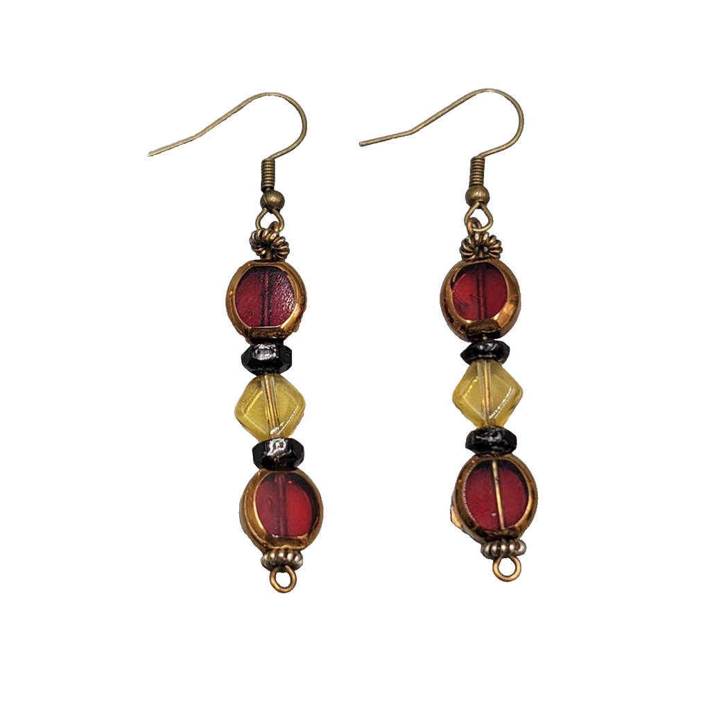 Red Yellow Glass Bead Pierced Earrings Bronze tone Dangle 1.75"