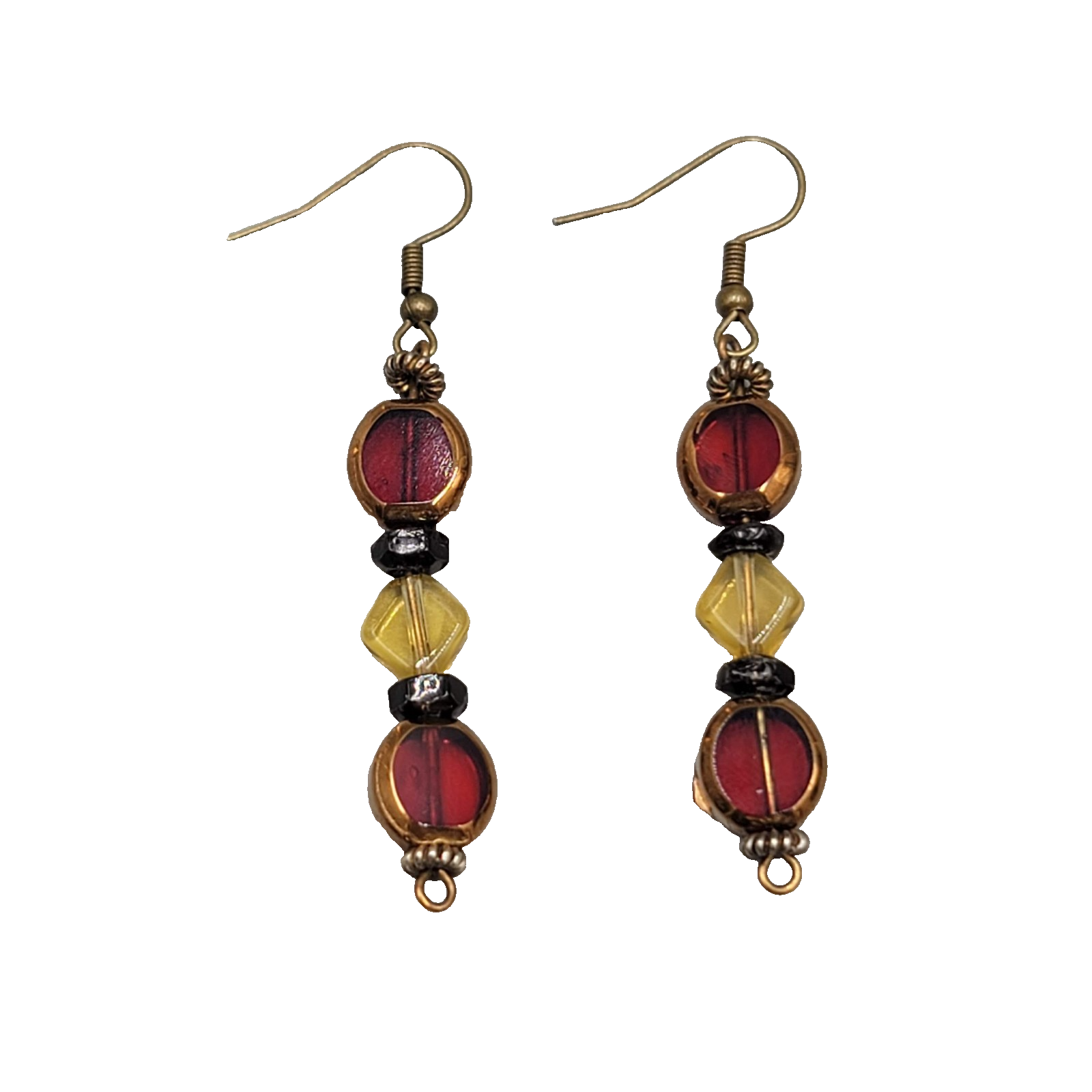 Red Yellow Glass Bead Pierced Earrings Bronze tone Dangle 1.75"