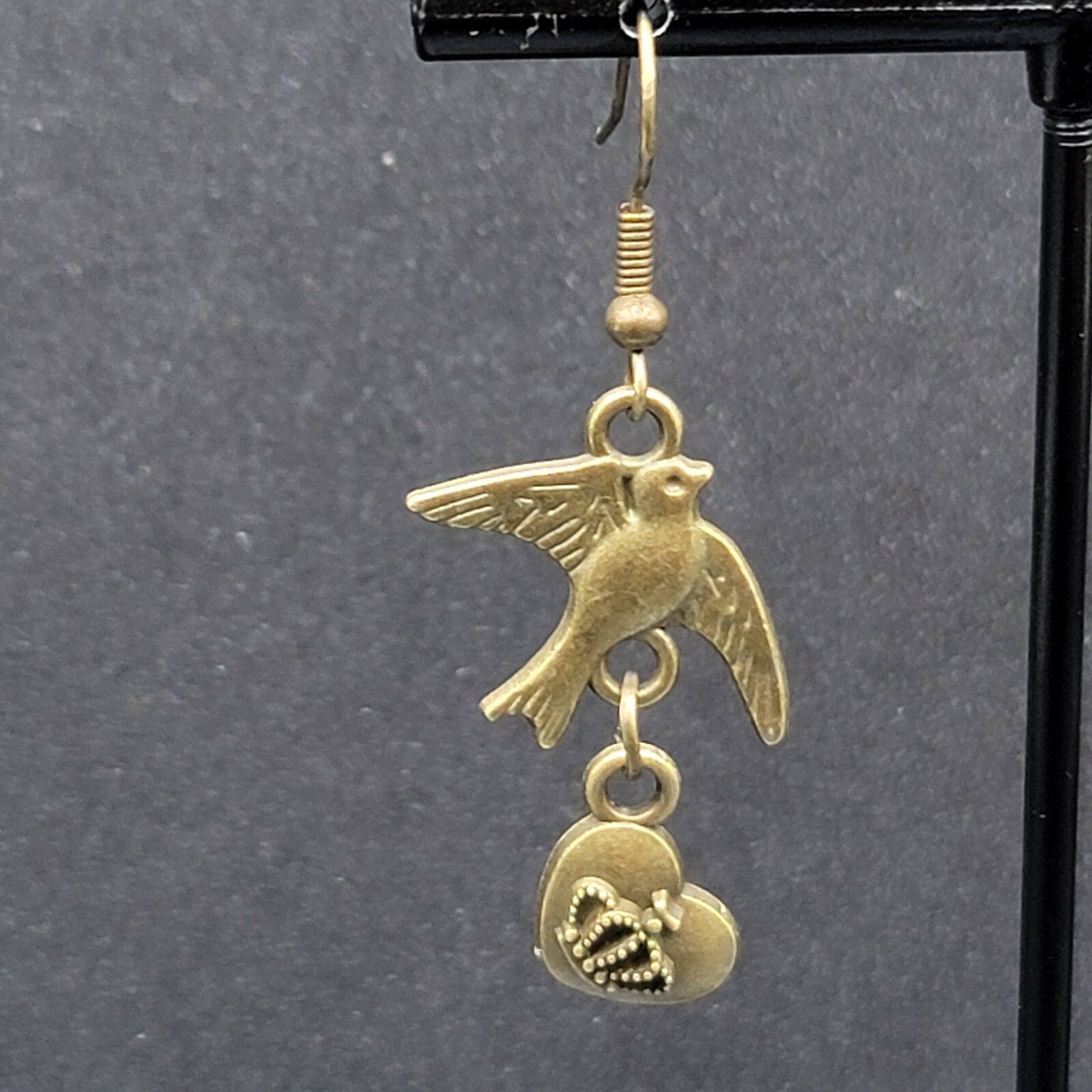 Birds Heart Pierced Earrings Bronze tone Dangle 1.25"