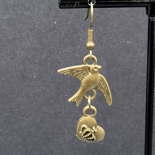 Birds Heart Pierced Earrings Bronze tone Dangle 1.25"