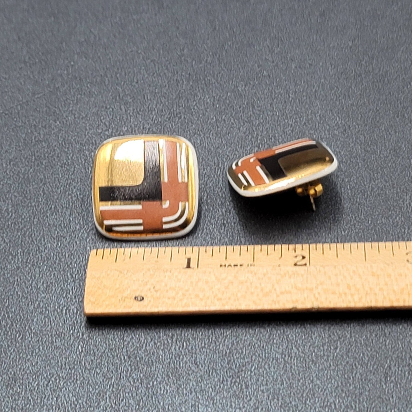 Vintage Pierced Earrings Ceramic Gold Black Brown Painted Square Drop 1"