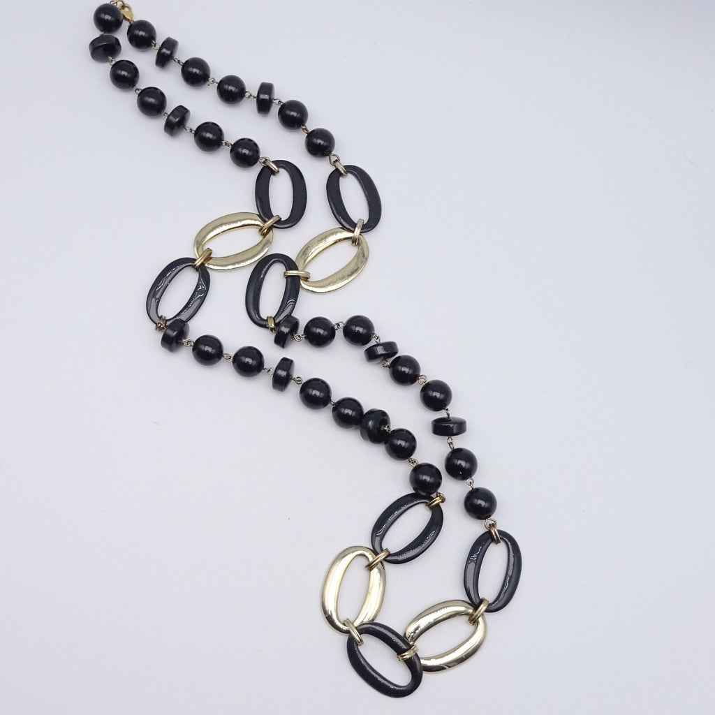 Vintage Necklace Black and Gold tone Bead Statement Estate Costume Jewelry 36"