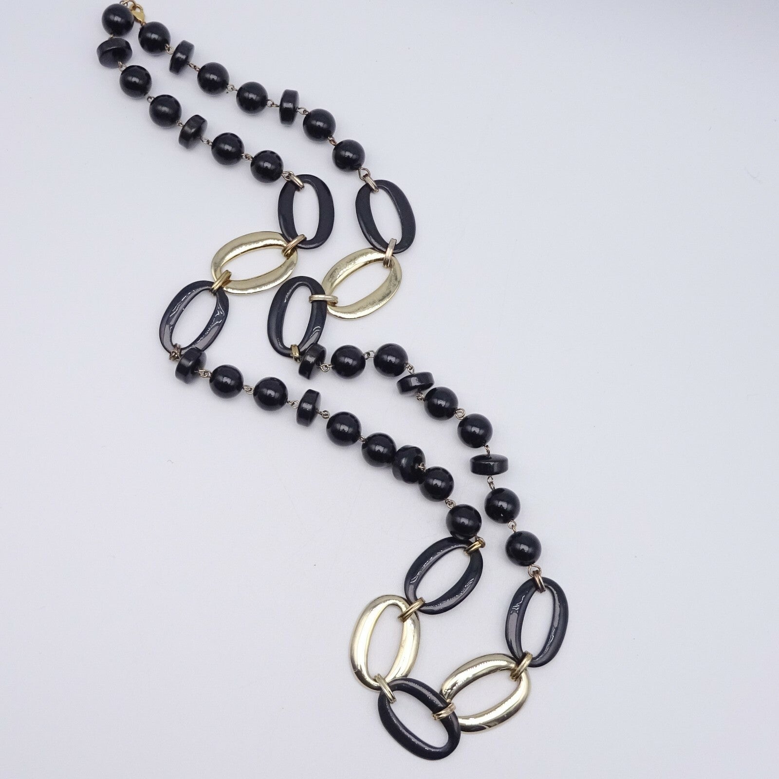 Vintage Necklace Black and Gold tone Bead Statement Estate Costume Jewelry 36"
