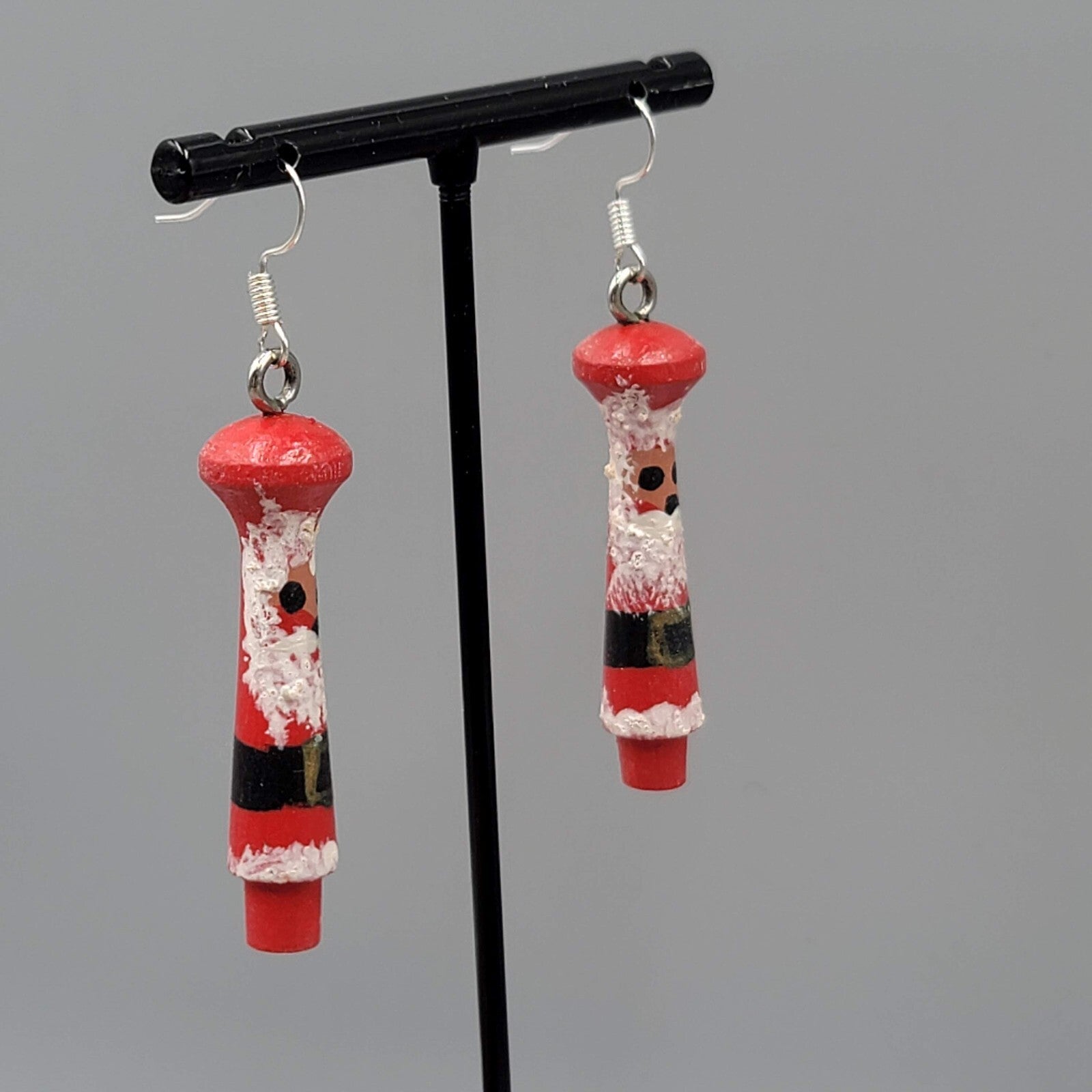 Vintage Christmas Santa Pierced Earrings Hand Painted Wood Dangle 2"