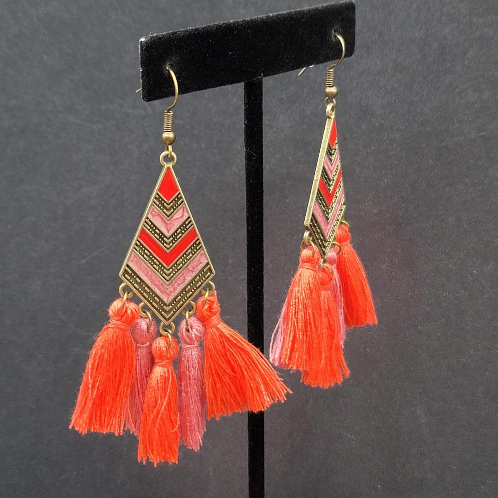 New Boho Pierced Earrings Antiqued Gold tone Enamel Orange Purple Tassel 3"