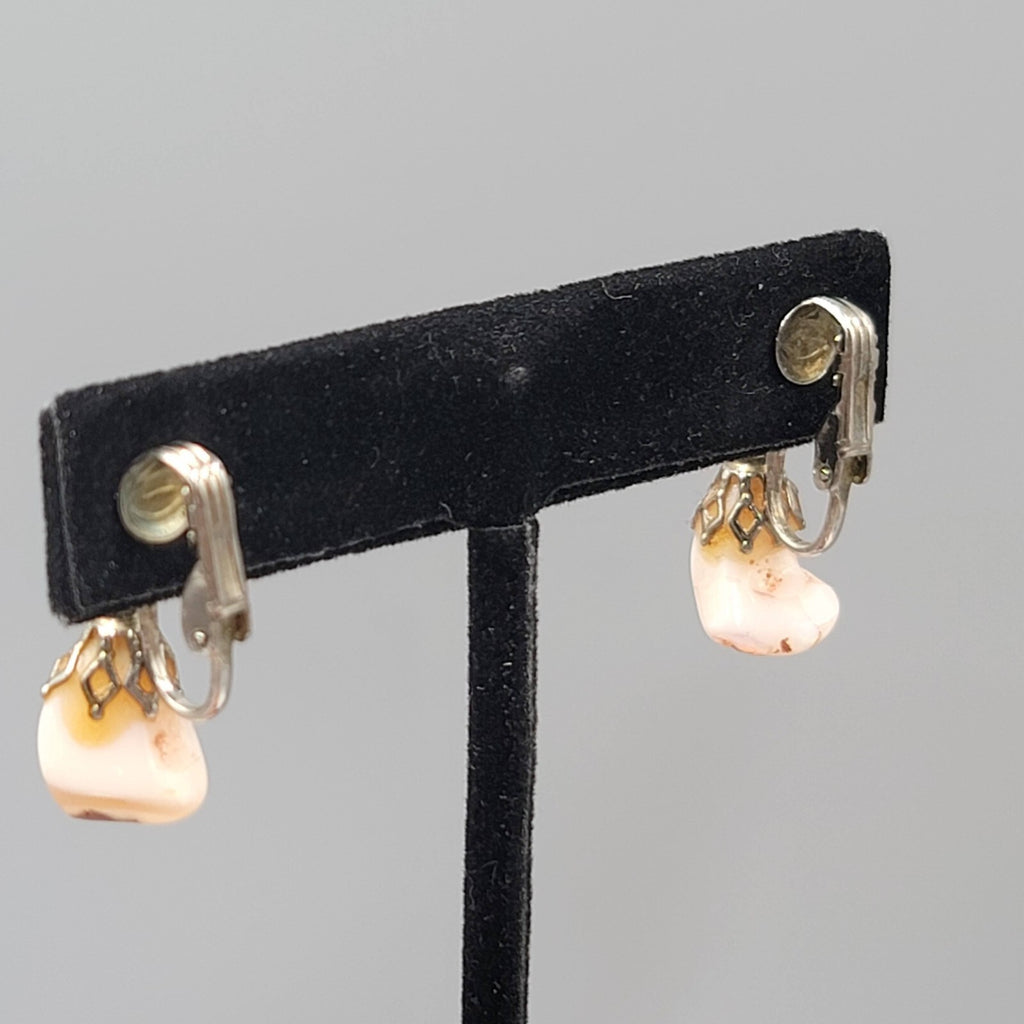 Vintage White Stone Nugget Dangle Clip on Earrings Silver tone 3/4"
