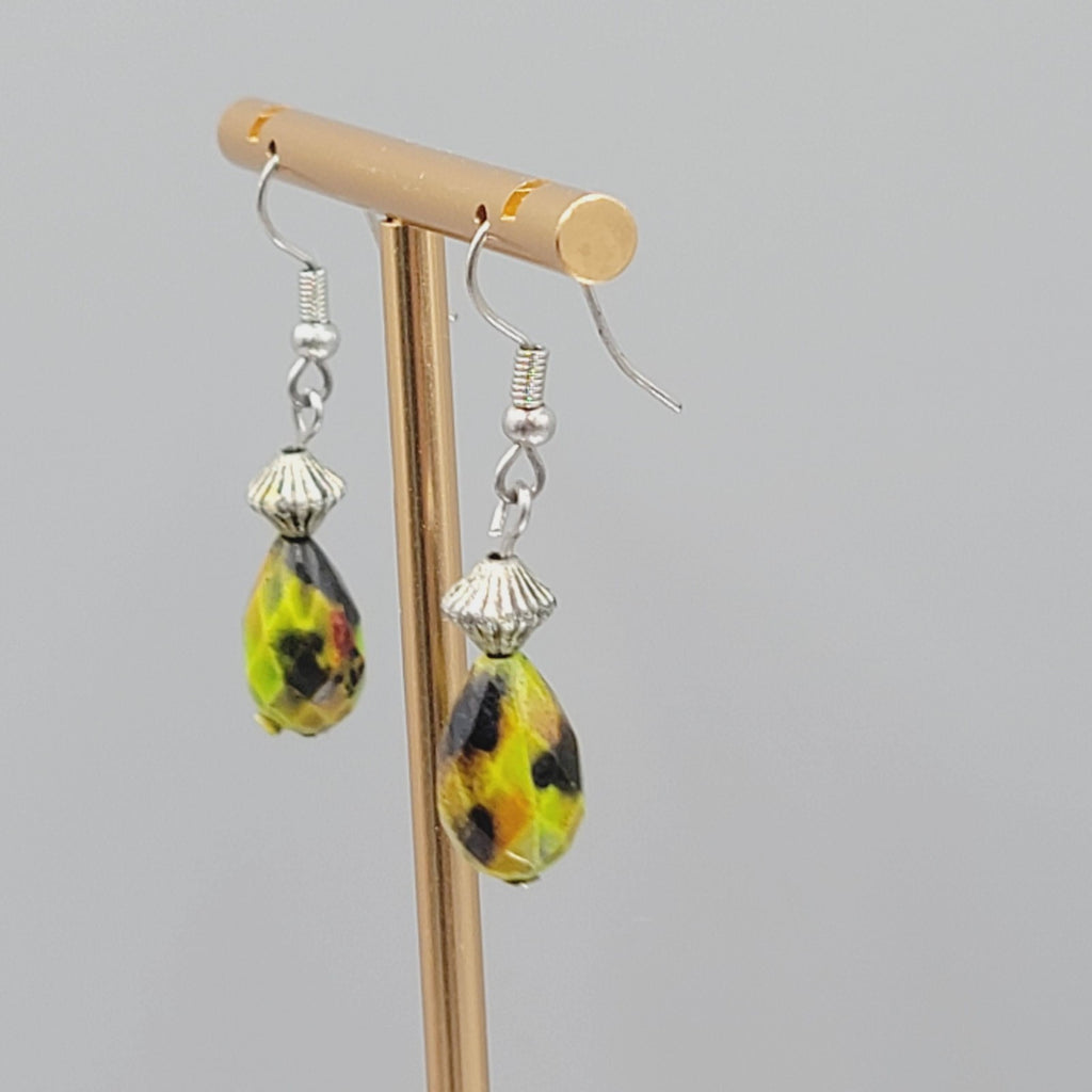 Green Orange Stone Pierced Earrings Faceted Teardrop Bead Silver tone Dangle 1"