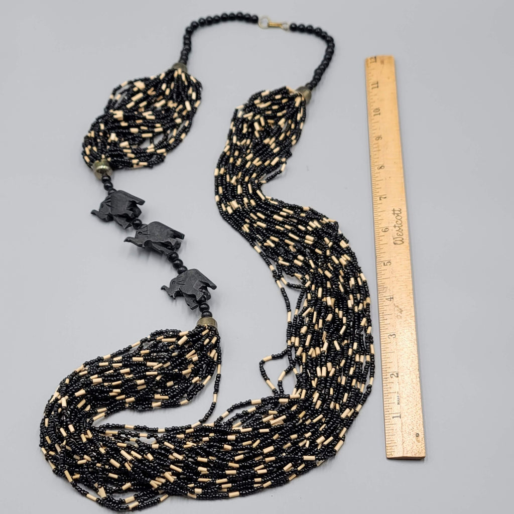 Large Statement Elephant Necklace Black Seed Bead Multi Strand 42"