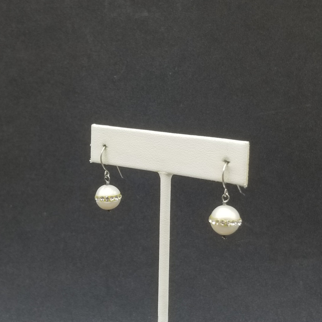 Pierced Earrings Faux Pearl Bead Faceted Crystal Dangle 1/2"