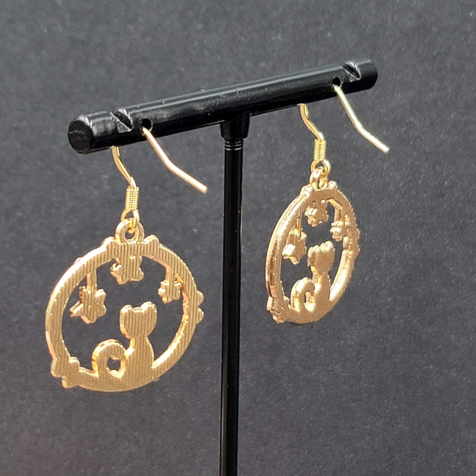 New Cat Pierced Earrings Gold tone Green Stars Purple Enamel Dangle 7/8"