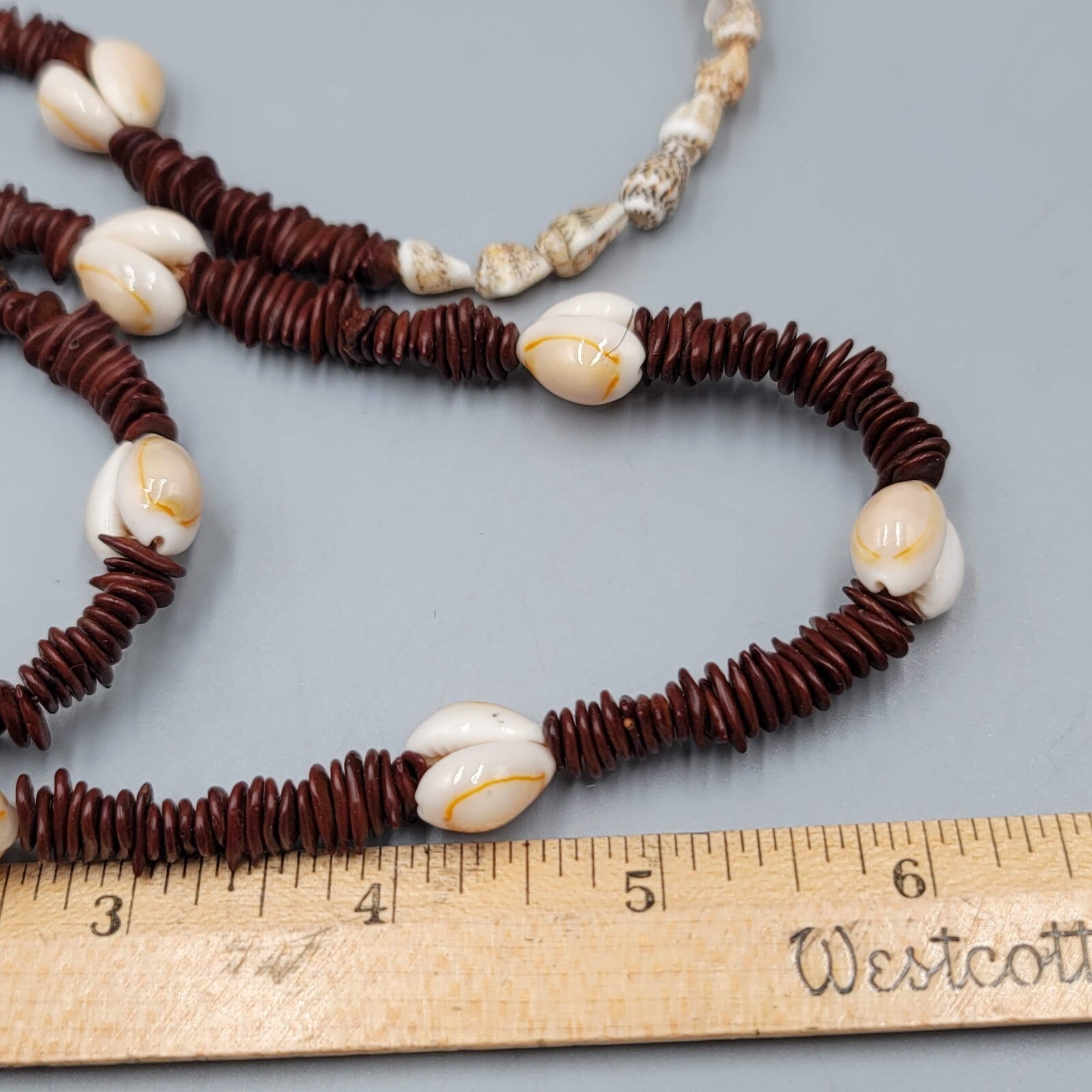 Vintage Apple Seed and Cowrie Shell Bead Necklace Long Handmade 37"