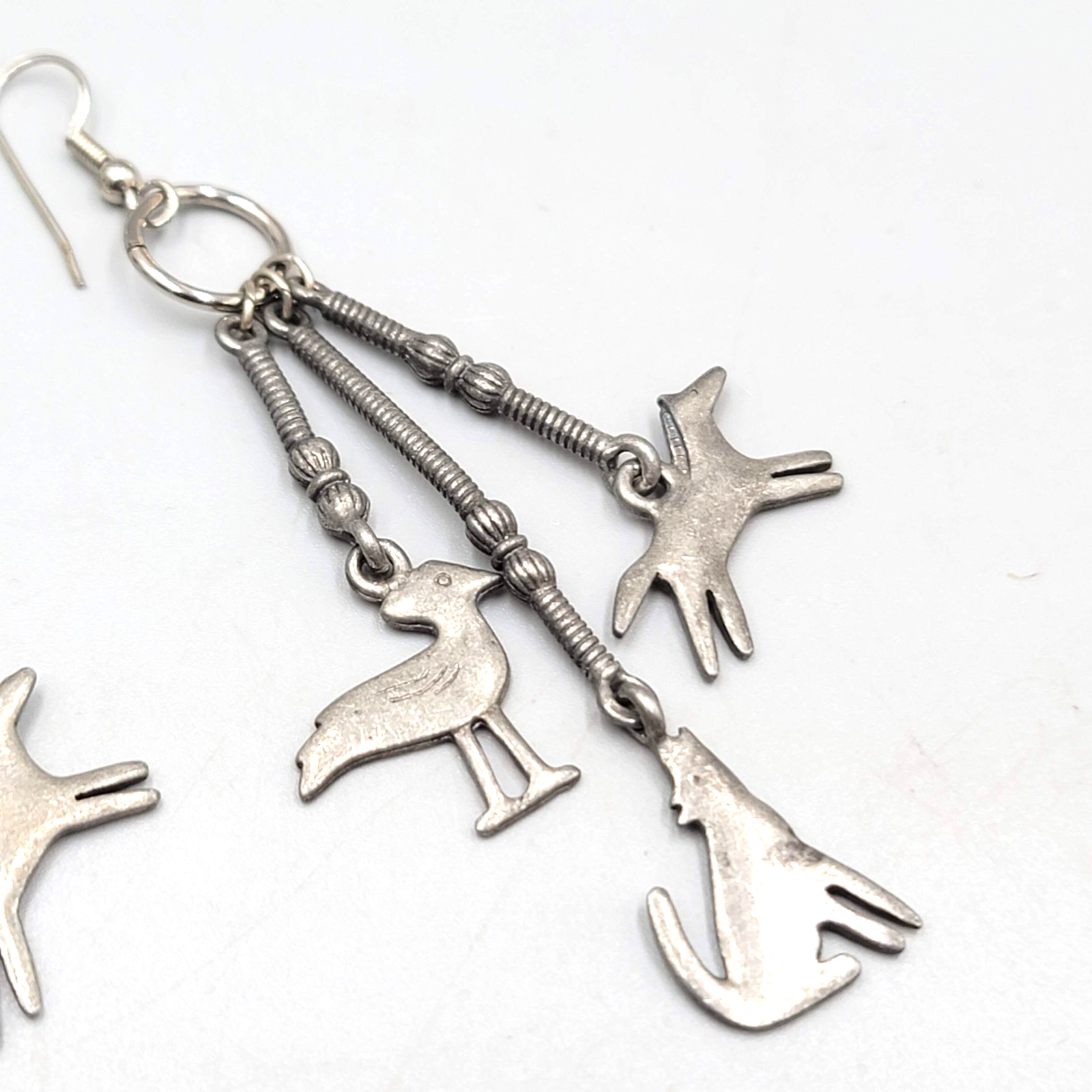 Vintage Southwest Theme Pierced Earrings Horse Coyote Gray Pewter Dangle 3"