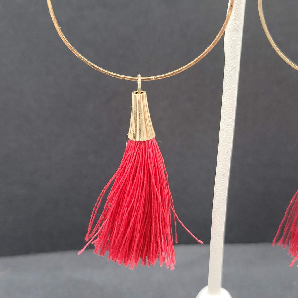 Pierced Earrings Gold tone Red Tassel Statement Dangle 3.5"